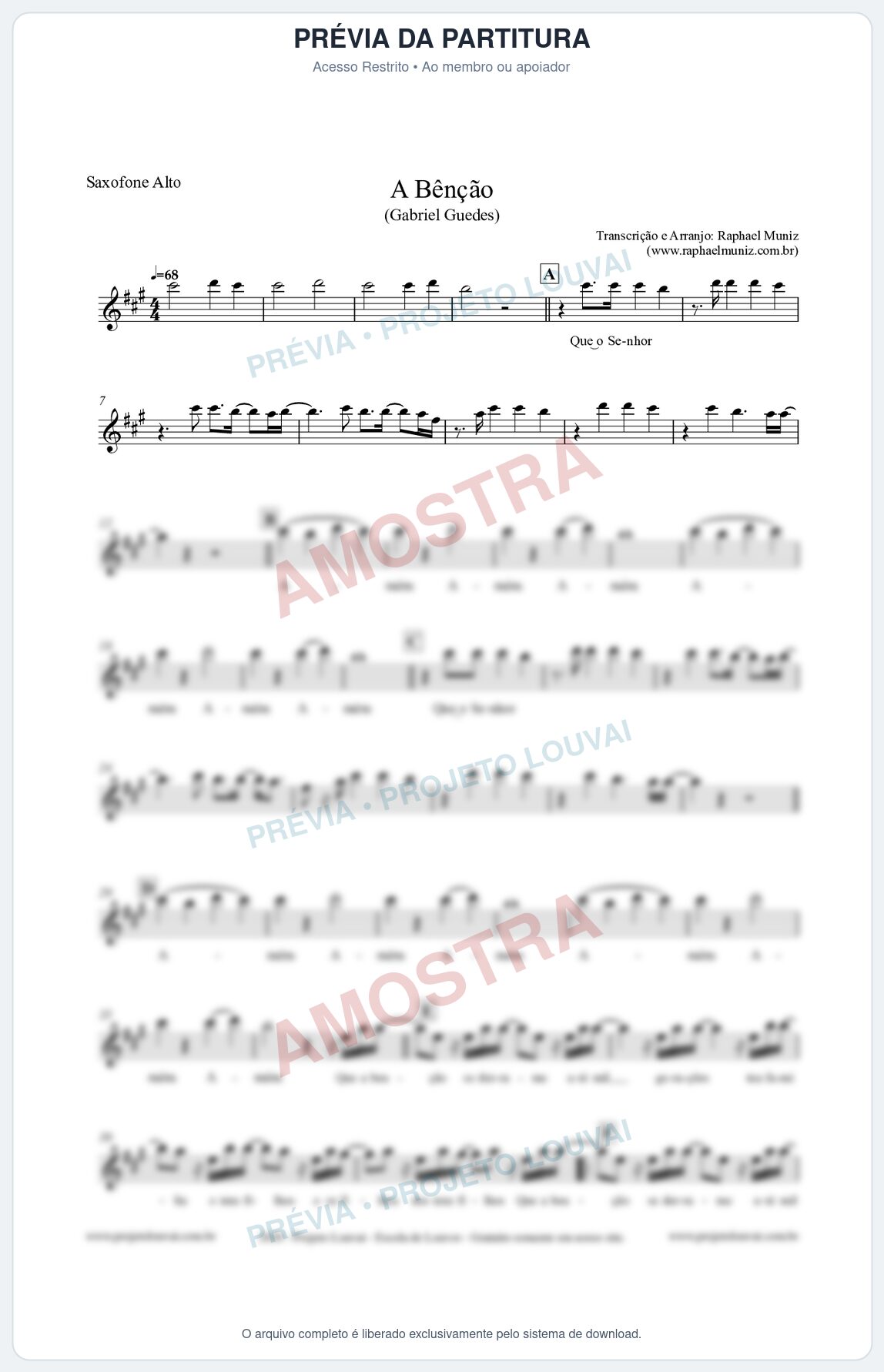 Prévia protegida da primeira página da partitura Partitura para Saxofone Alto - A Bênção - Gabriel Guedes