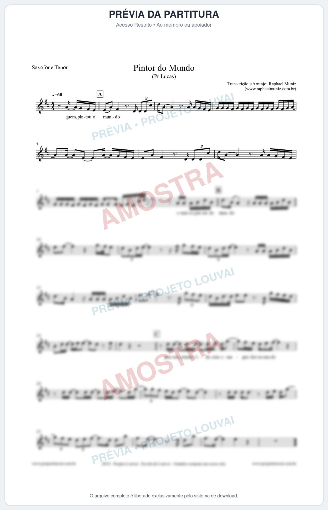 Prévia protegida da primeira página da partitura Partitura para Saxofone Tenor - Pintor do Mundo - Pr. Lucas