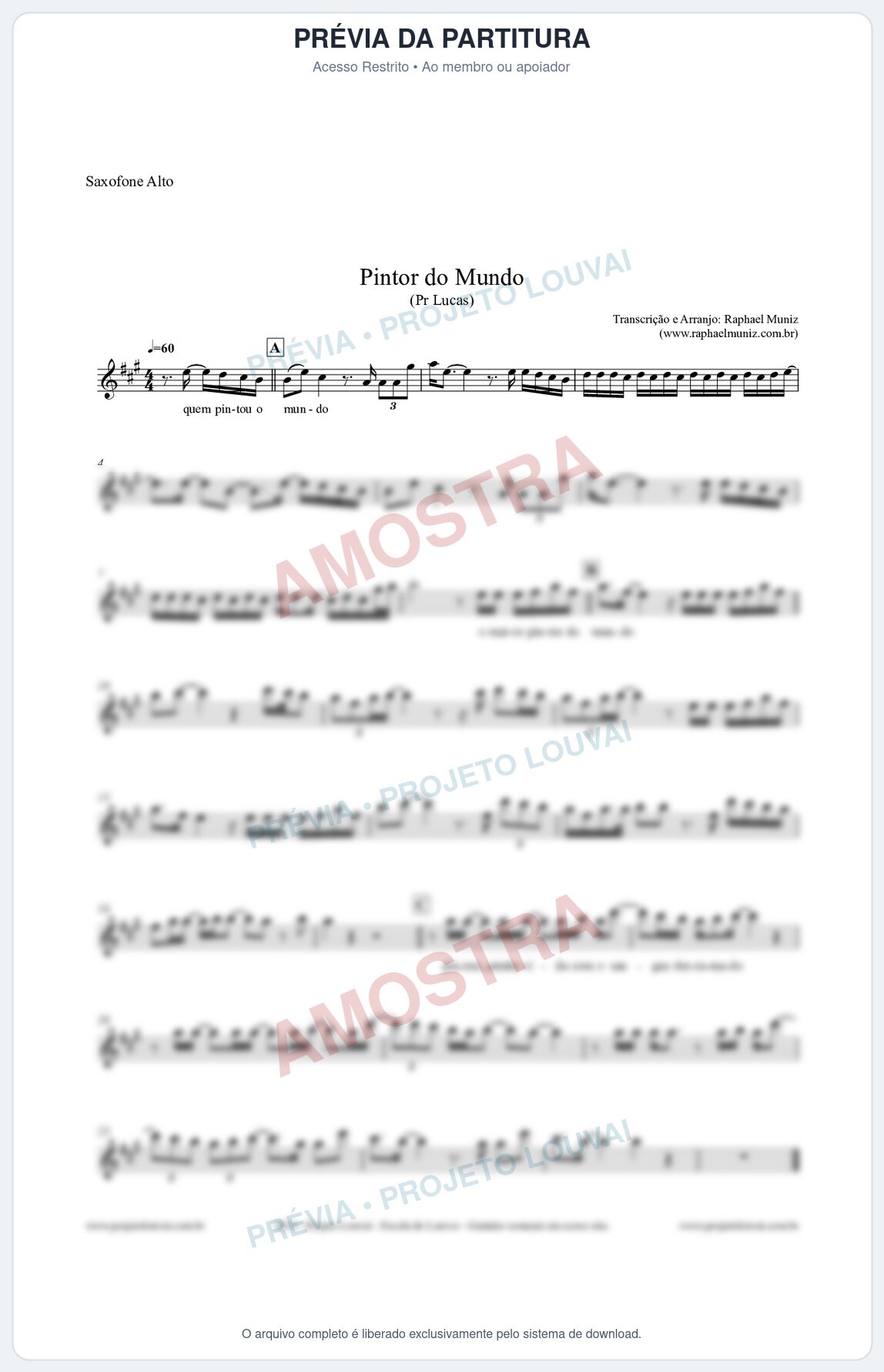 Prévia protegida da primeira página da partitura Partitura para Saxofone Alto - Pintor do Mundo - Pr. Lucas