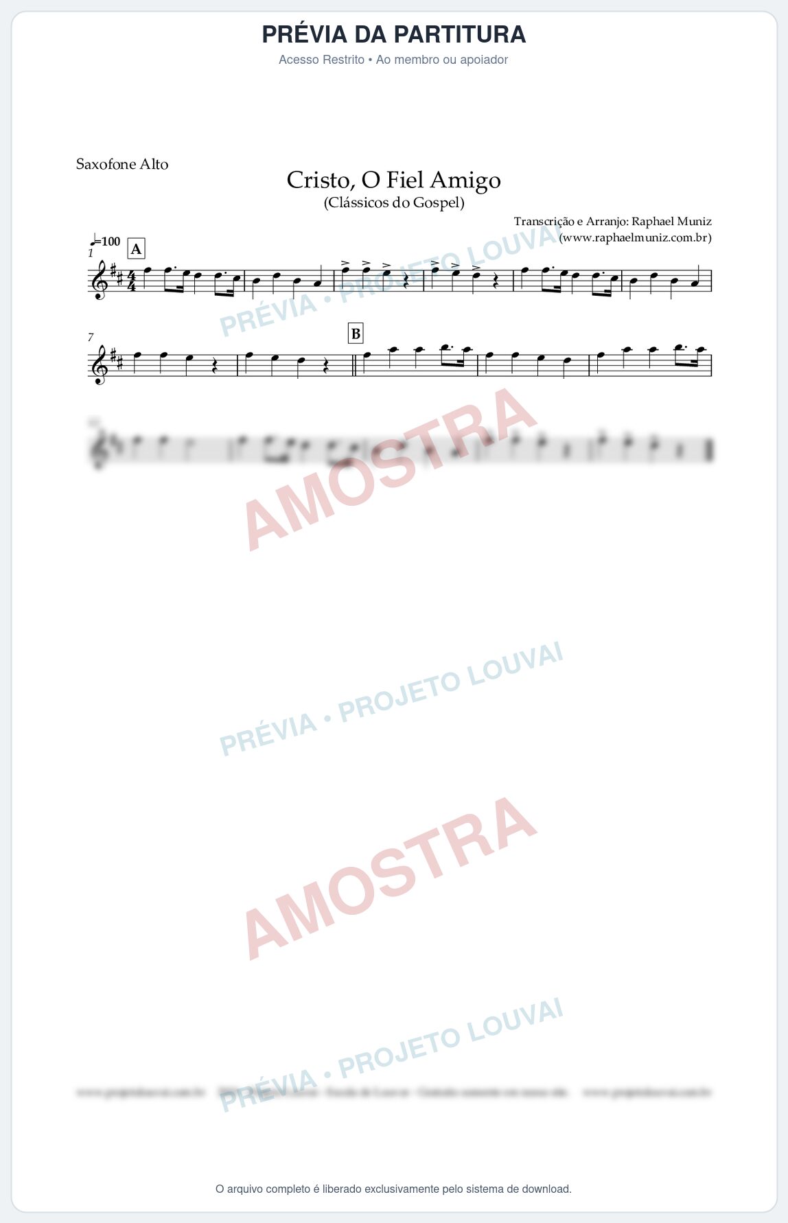 Prévia protegida da primeira página da partitura Partitura para Saxofone Alto - Cristo, O Fiel Amigo - Harpa Cristã nº8 - Clássicos do Gospel