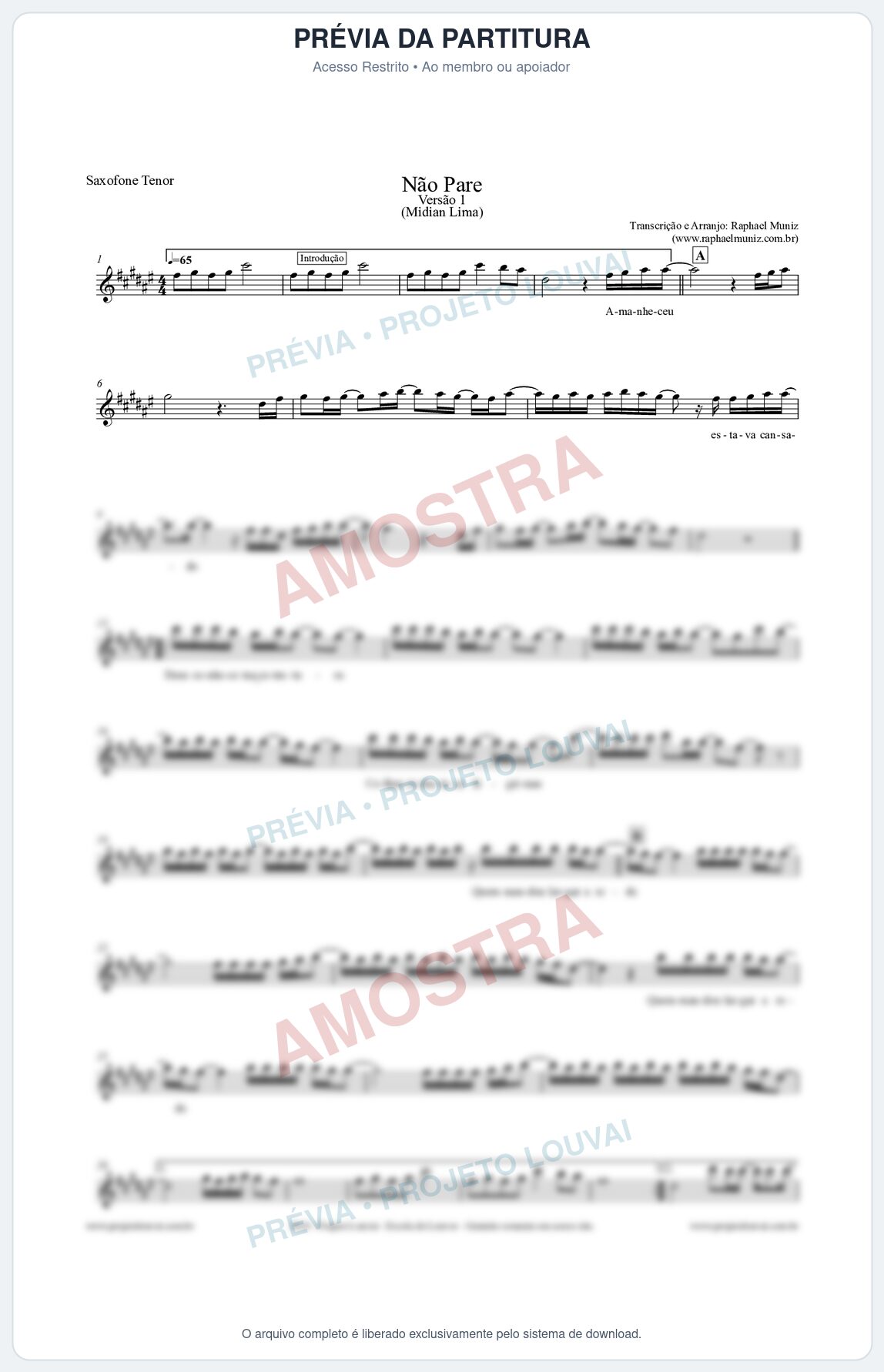 Prévia protegida da primeira página da partitura Partitura para Saxofone Tenor - Não Pare - Midian Lima