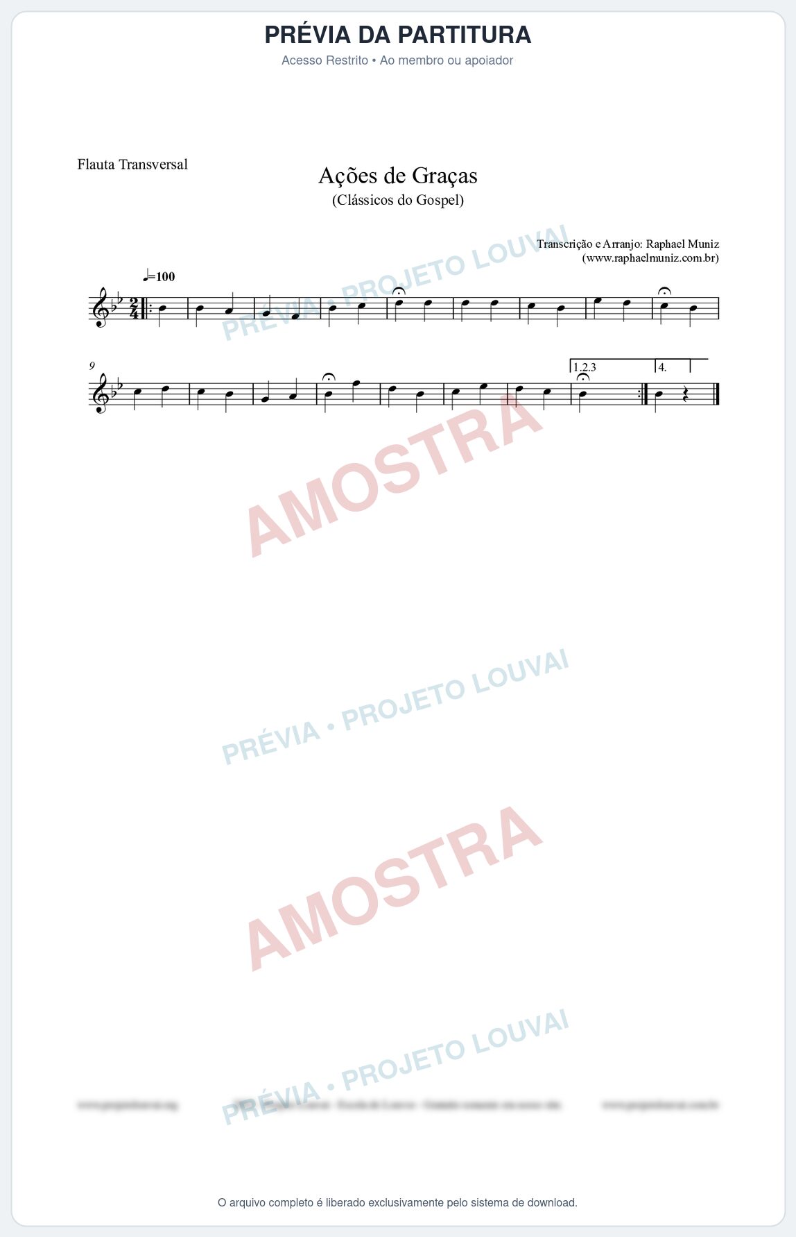 Prévia protegida da primeira página da partitura Partitura para Flauta Transversal - Ações de Graças - Salmos e Hinos nº20 - Clássicos do Gospel