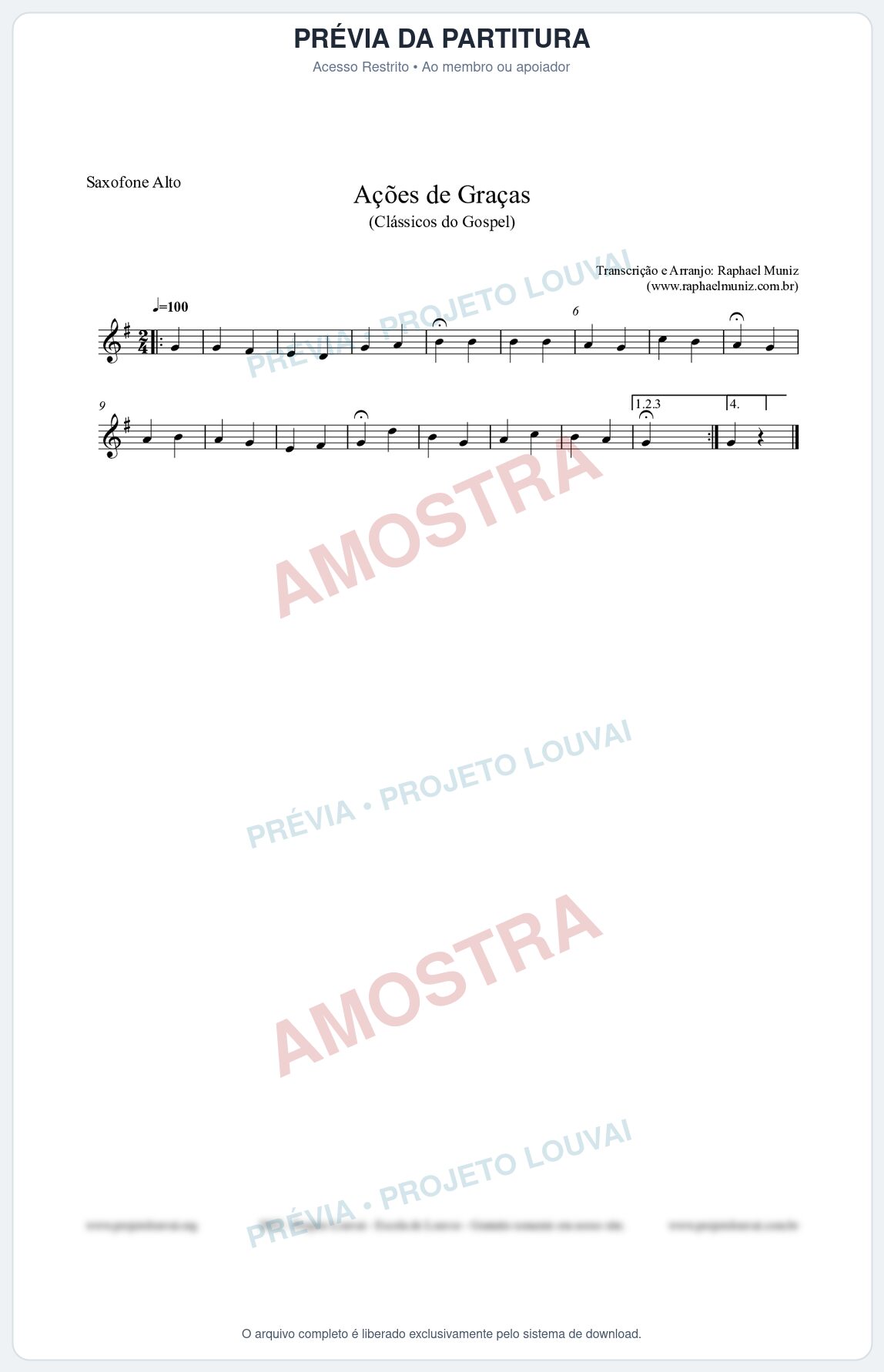 Prévia protegida da primeira página da partitura Partitura para Saxofone Alto - Ações de Graças - Salmos e Hinos nº20 - Clássicos do Gospel
