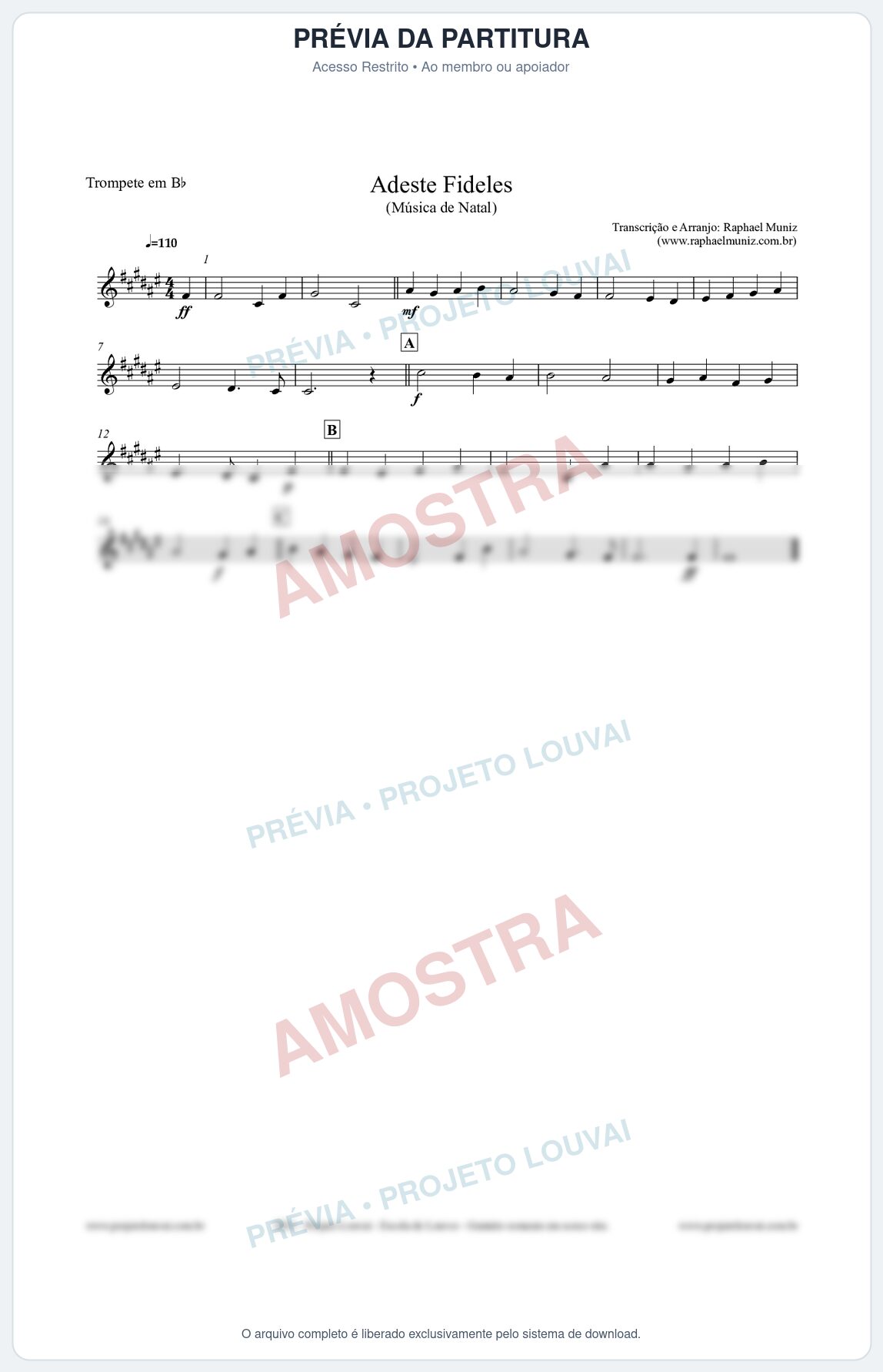 Prévia protegida da primeira página da partitura Partitura para Trompete em Bb - Adeste Fideles - Músicas de Natal