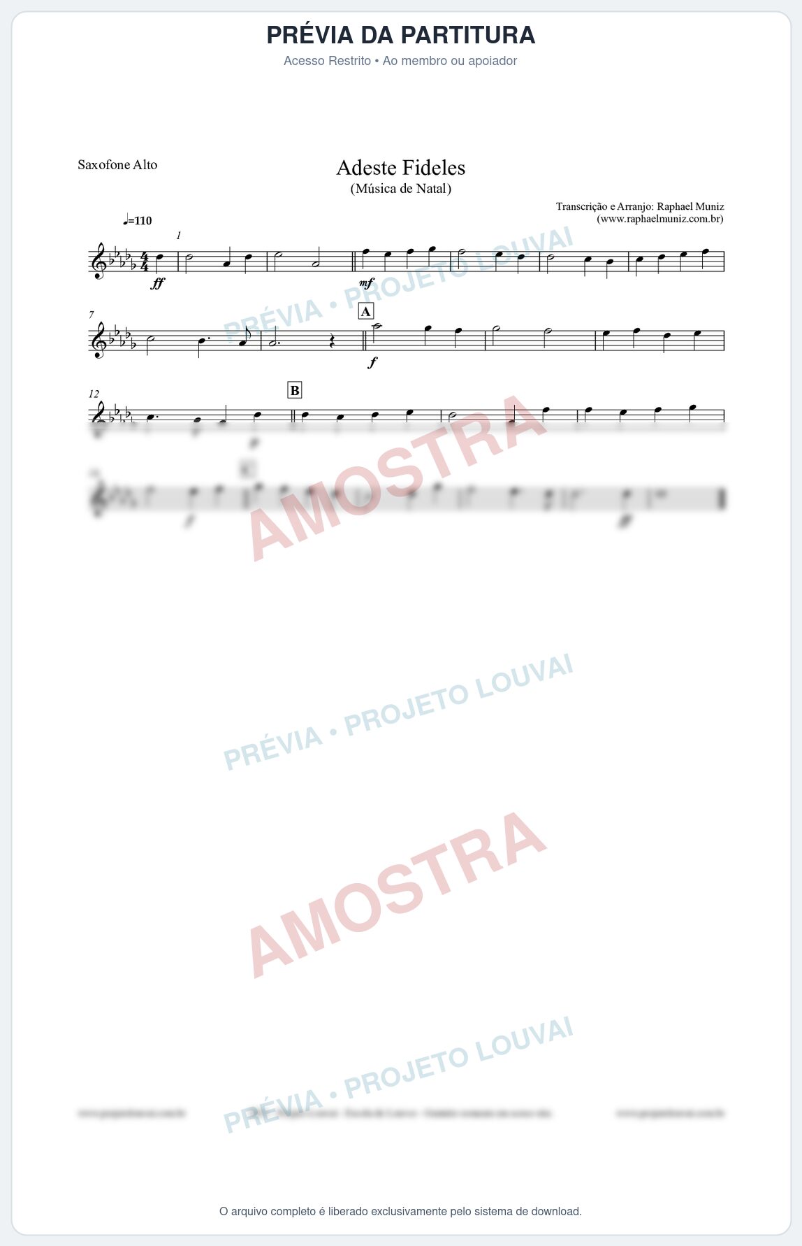 Prévia protegida da primeira página da partitura Partitura para Saxofone Alto - Adeste Fideles - Músicas de Natal