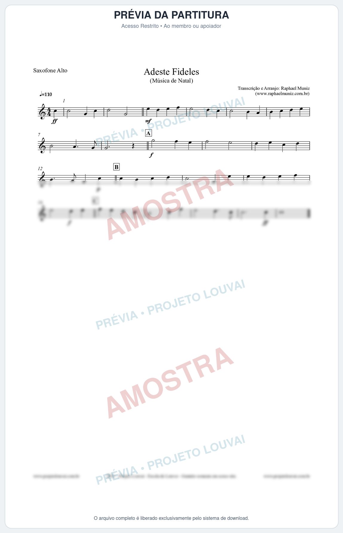 Prévia protegida da primeira página da partitura Partitura para Saxofone Alto - Adeste Fideles - Músicas de Natal