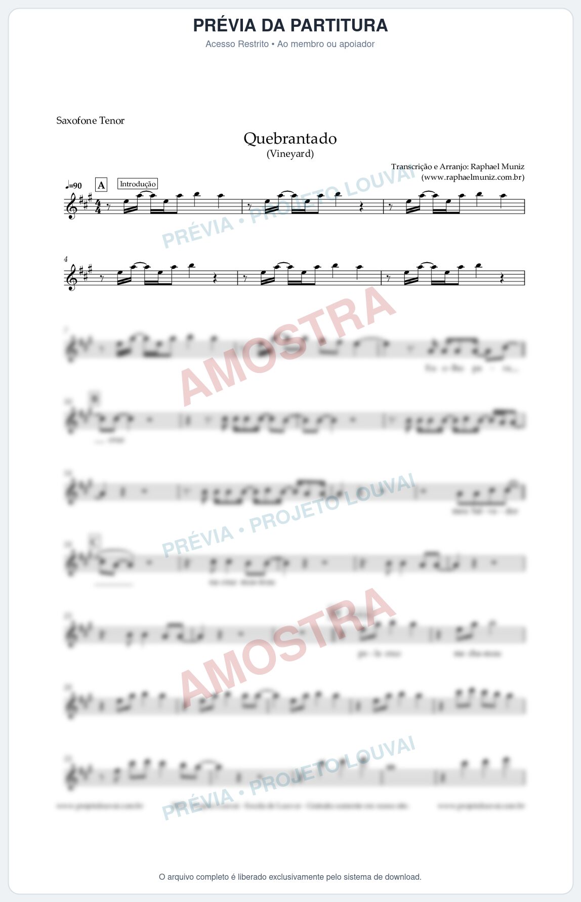 Prévia protegida da primeira página da partitura Partitura para Saxofone Tenor - Quebrantado - Vineyard