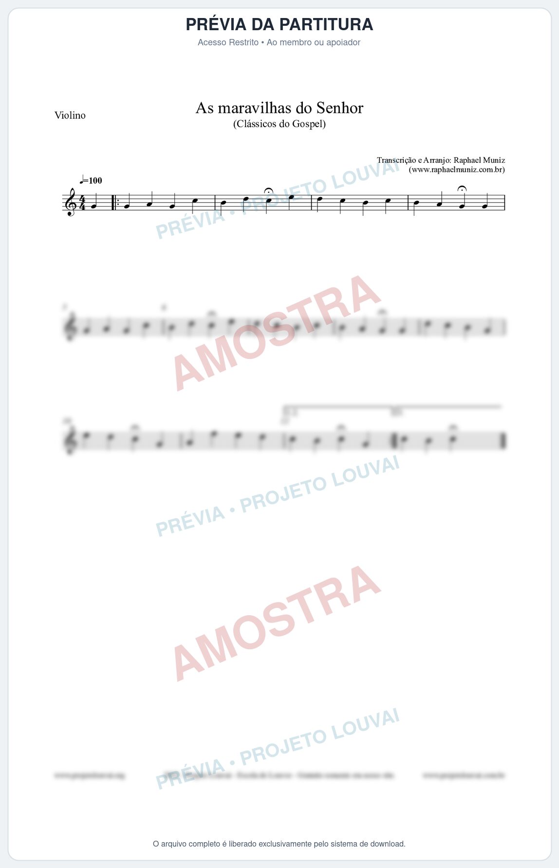 Prévia protegida da primeira página da partitura Partitura para Violino - As maravilhas do Senhor - Salmos e Hinos nº213 - Clássicos do Gospel