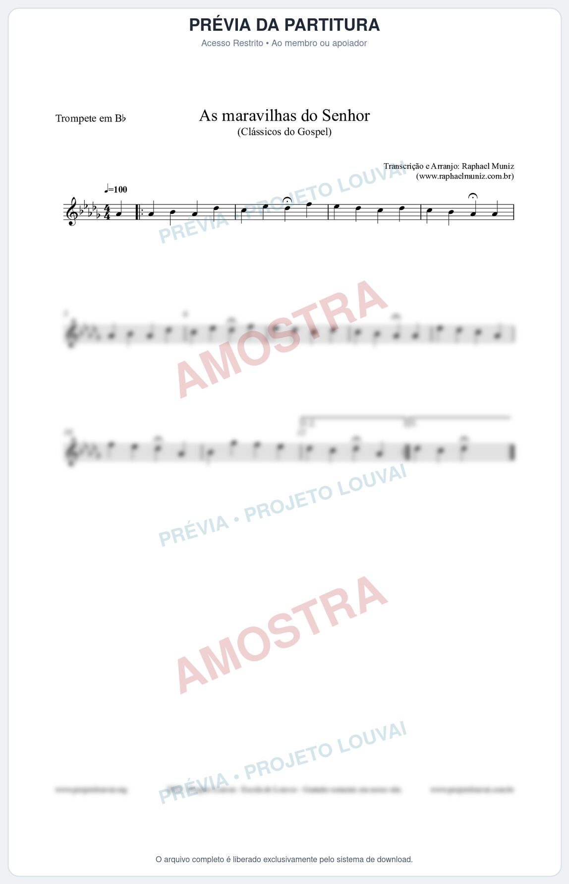 Prévia protegida da primeira página da partitura Partitura para Trompete em Bb - As maravilhas do Senhor - Salmos e Hinos nº213 - Clássicos do Gospel