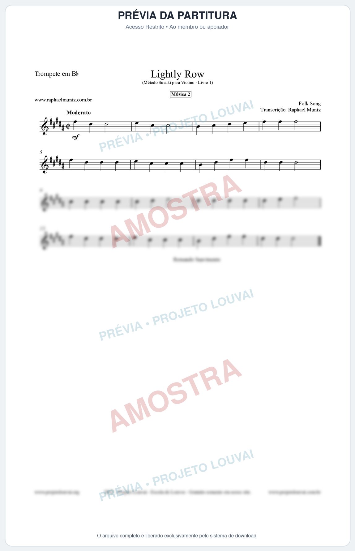 Prévia protegida da primeira página da partitura Partitura para Trompete em Bb - Lightly Row - Música 2 - Método Suzuki para Violino Vol.1