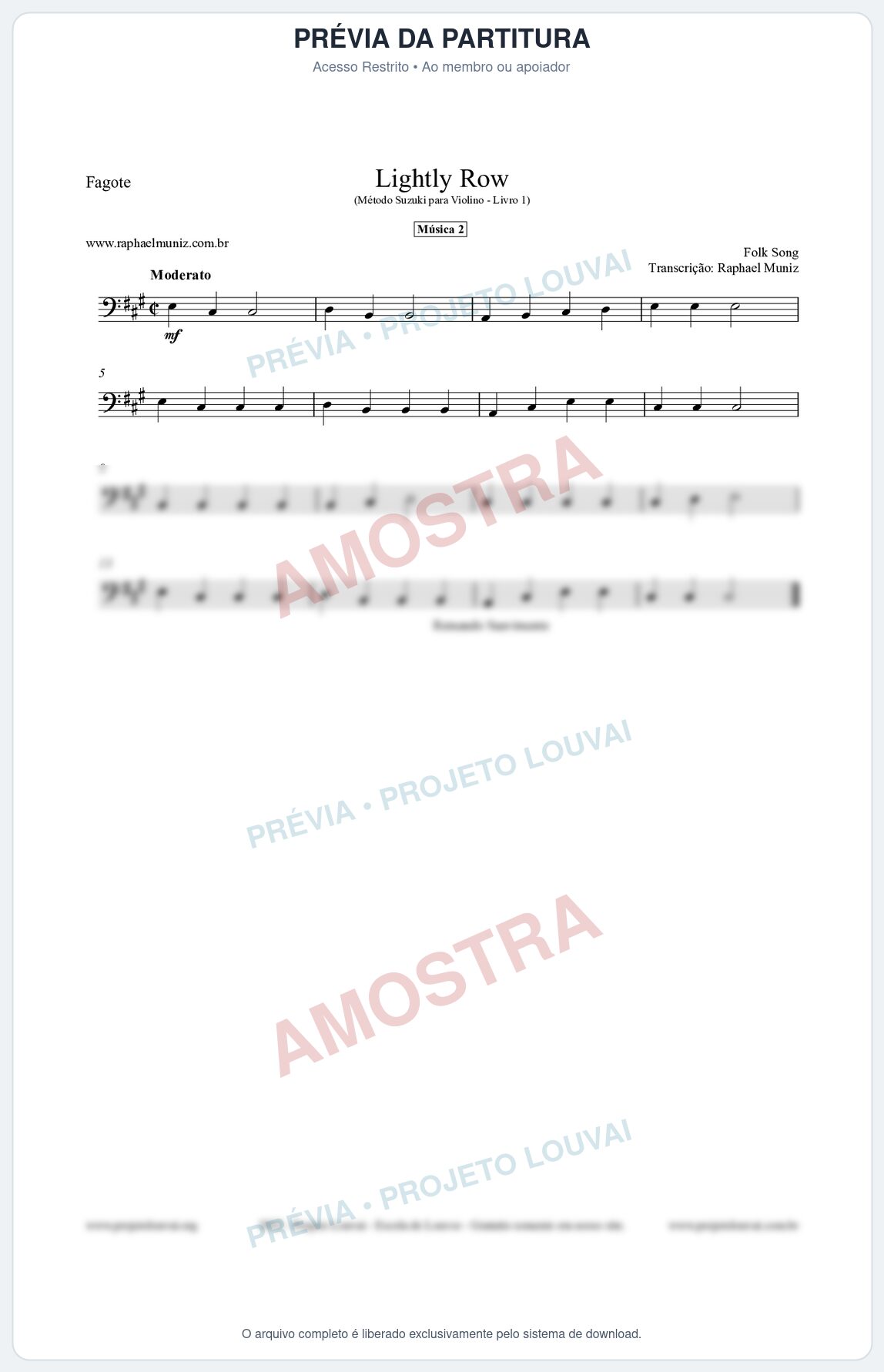 Prévia protegida da primeira página da partitura Partitura para Fagote - Lightly Row - Música 2 - Método Suzuki para Violino Vol.1
