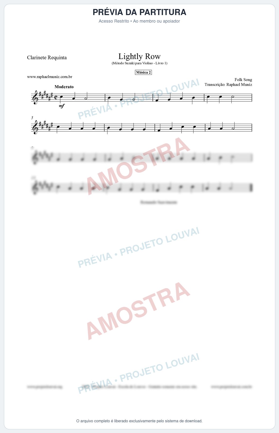 Prévia protegida da primeira página da partitura Partitura para Clarinete Requinta - Lightly Row - Música 2 - Método Suzuki para Violino Vol.1