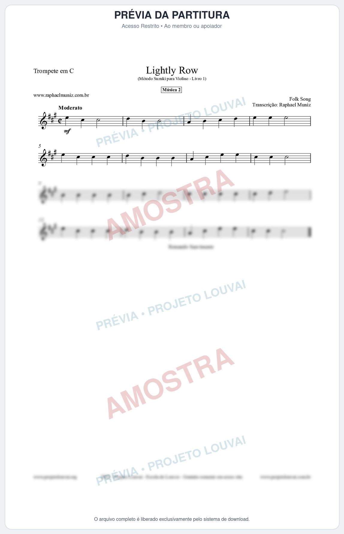 Prévia protegida da primeira página da partitura Partitura para Trompete em C - Lightly Row - Música 2 - Método Suzuki para Violino Vol.1