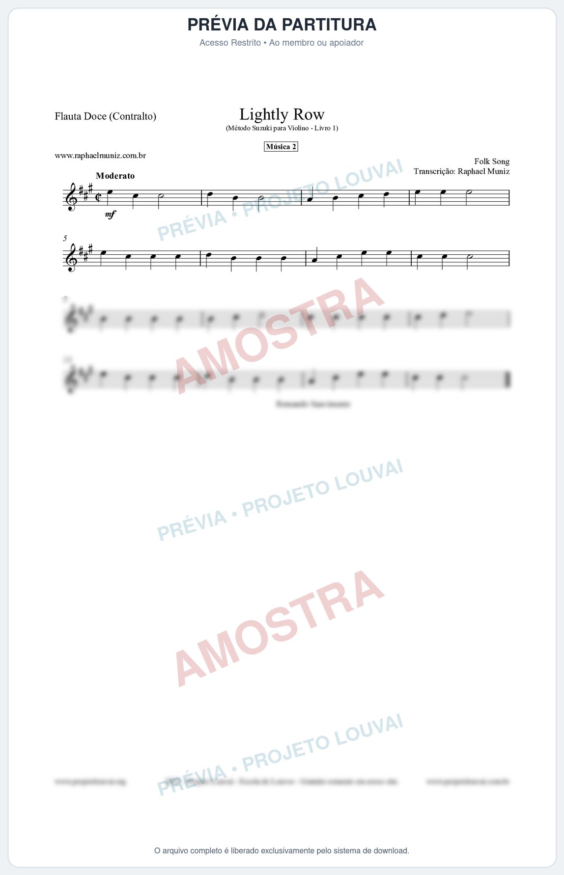 Prévia protegida da primeira página da partitura Partitura para Flauta Doce (Contralto) - Lightly Row - Música 2 - Método Suzuki para Violino Vol.1