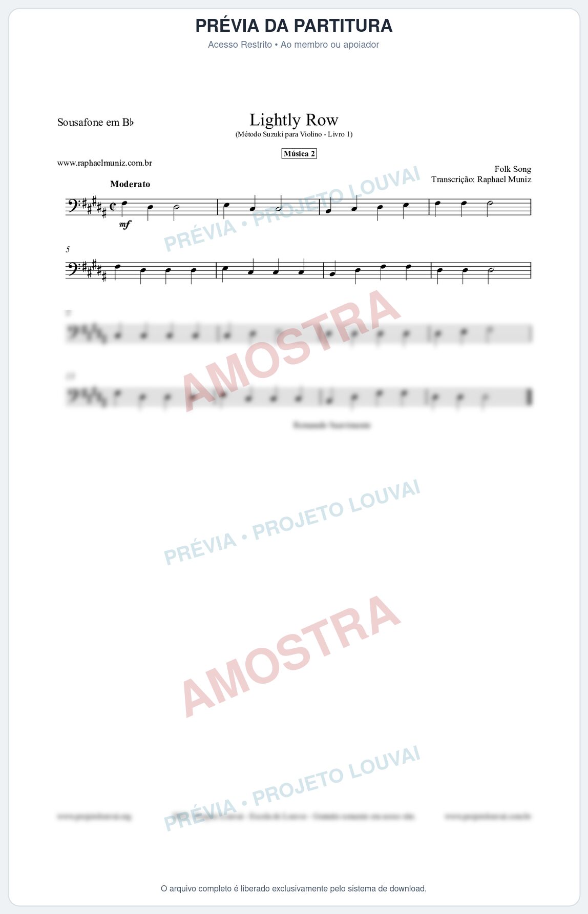 Prévia protegida da primeira página da partitura Partitura para Sousafone em Bb - Lightly Row - Música 2 - Método Suzuki para Violino Vol.1