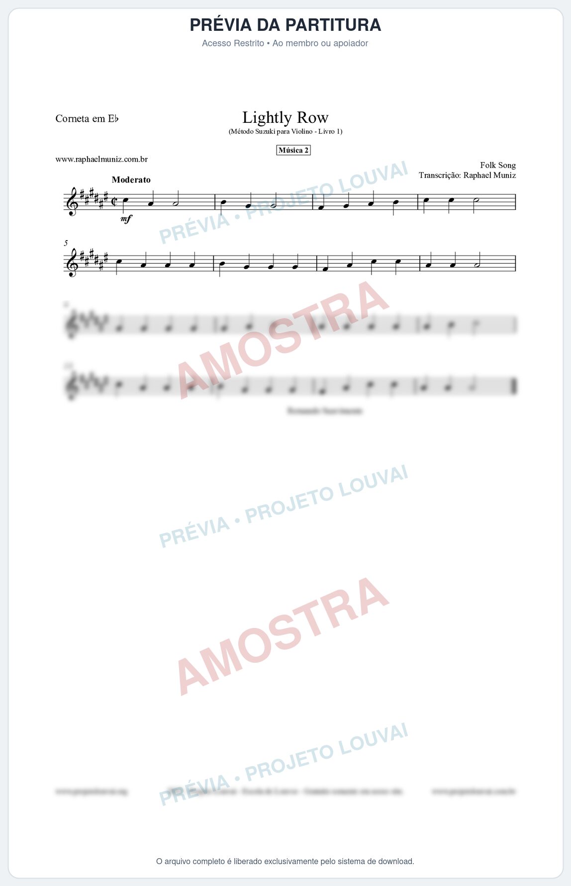 Prévia protegida da primeira página da partitura Partitura para Corneta em Eb - Lightly Row - Música 2 - Método Suzuki para Violino Vol.1