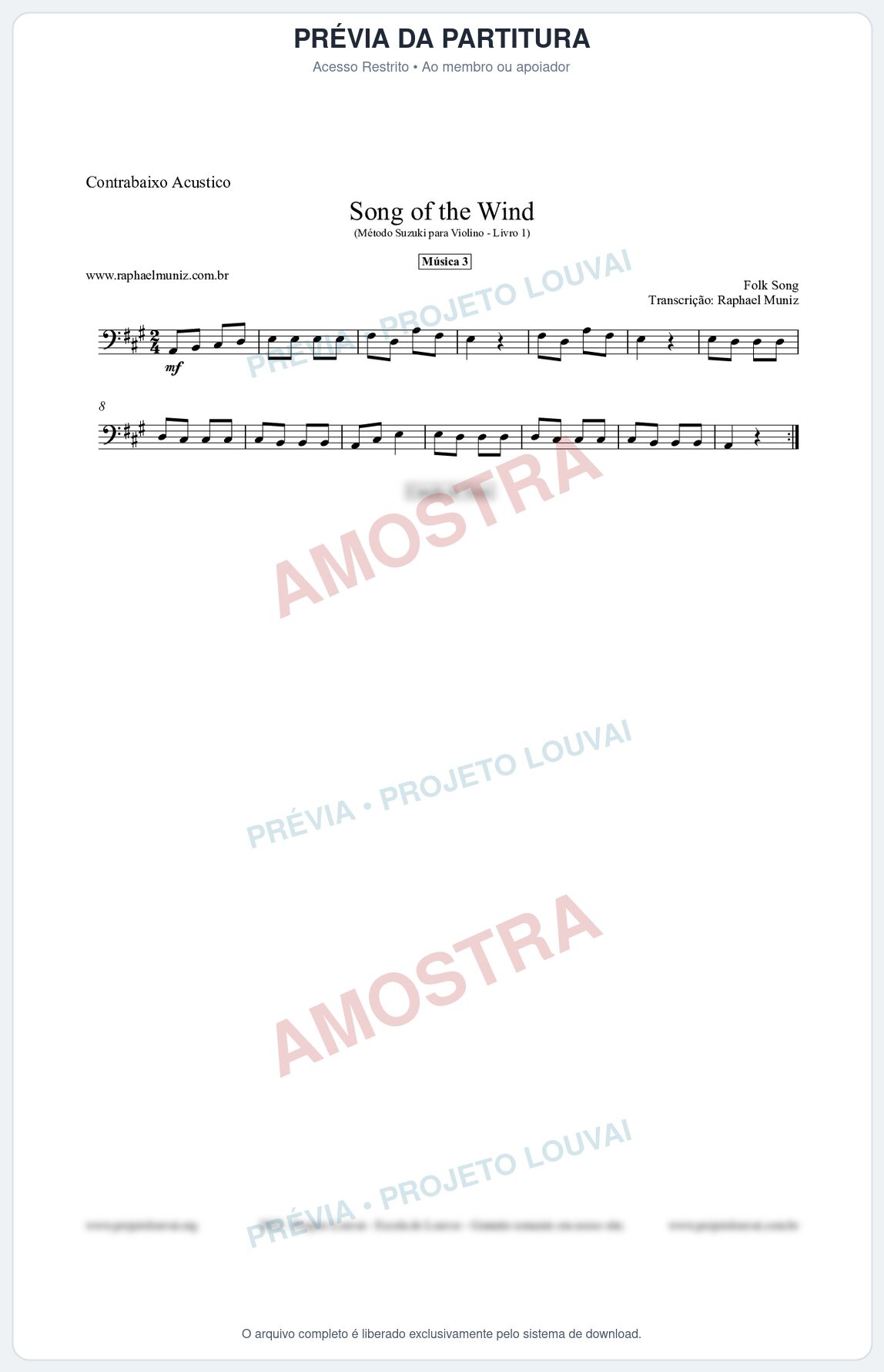 Prévia protegida da primeira página da partitura Partitura para Contrabaixo Acústico - Song of the Wind - Música 3 - Método Suzuki para Violino Vol.1