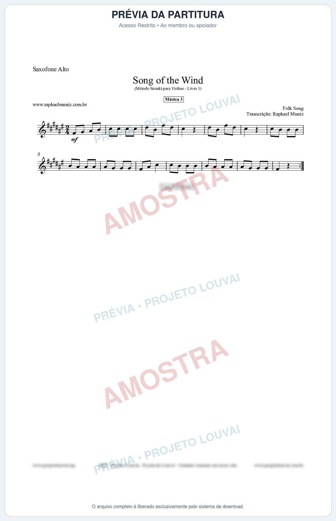 Prévia protegida da primeira página da partitura Partitura para Saxofone Alto - Song of the Wind - Música 3 - Método Suzuki para Violino Vol.1