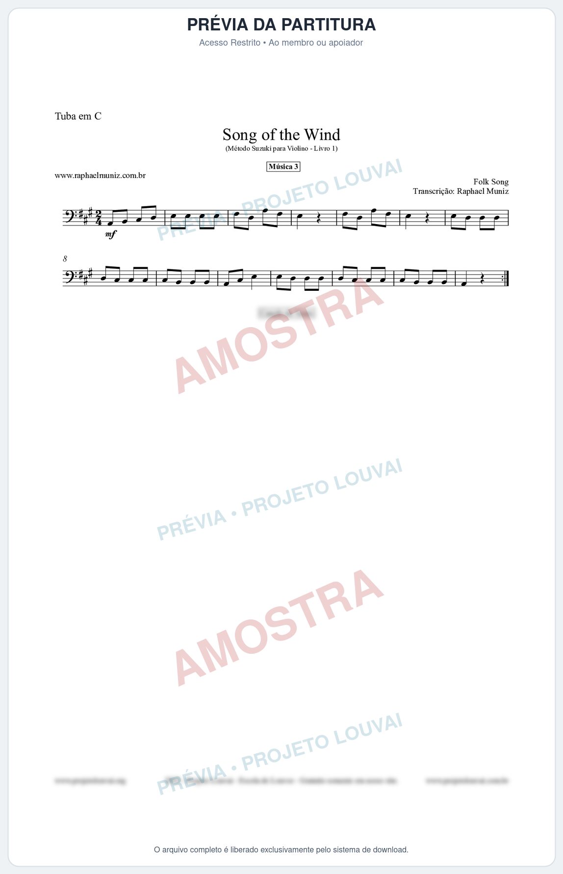 Prévia protegida da primeira página da partitura Partitura para Tuba em C - Song of the Wind - Música 3 - Método Suzuki para Violino Vol.1