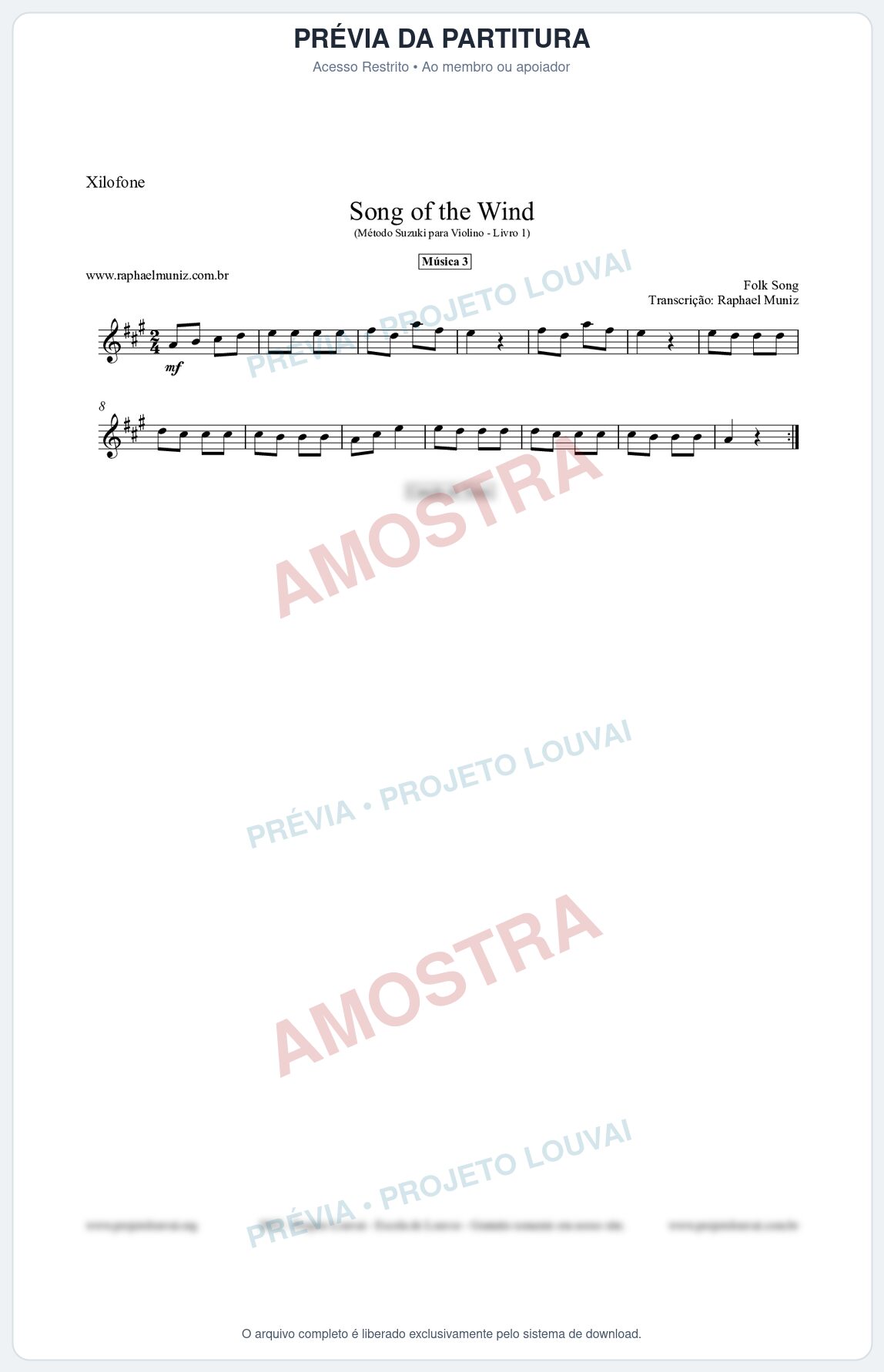 Prévia protegida da primeira página da partitura Partitura para Xilofone - Song of the Wind - Música 3 - Método Suzuki para Violino Vol.1