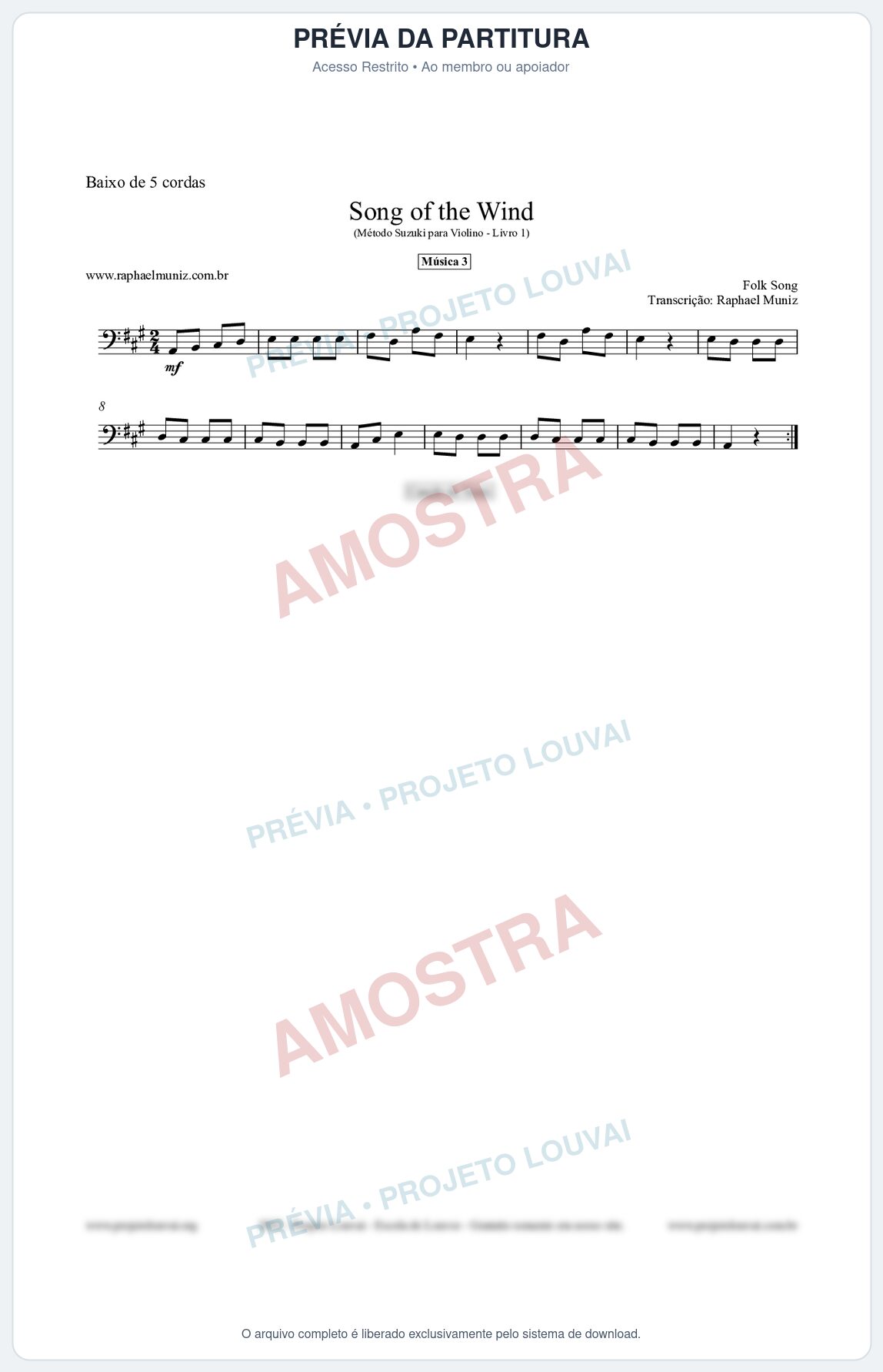 Prévia protegida da primeira página da partitura Partitura para Baixo de 5 cordas - Song of the Wind - Música 3 - Método Suzuki para Violino Vol.1