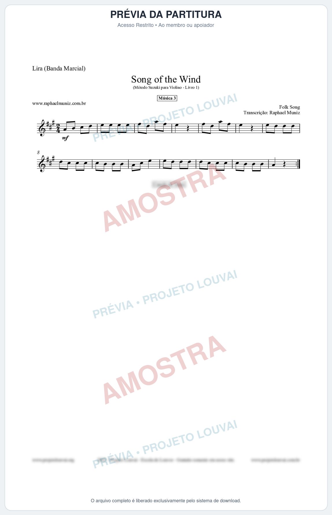 Prévia protegida da primeira página da partitura Partitura para Lira (Banda Marcial) - Song of the Wind - Música 3 - Método Suzuki para Violino Vol.1