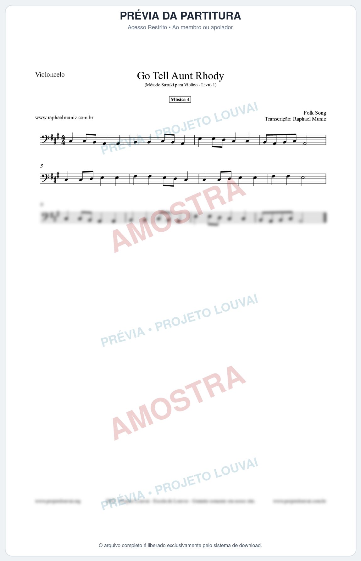 Prévia protegida da primeira página da partitura Partitura para Violoncelo - Go Tell Aunt Rhody - Música 4 - Método Suzuki para Violino Vol.1