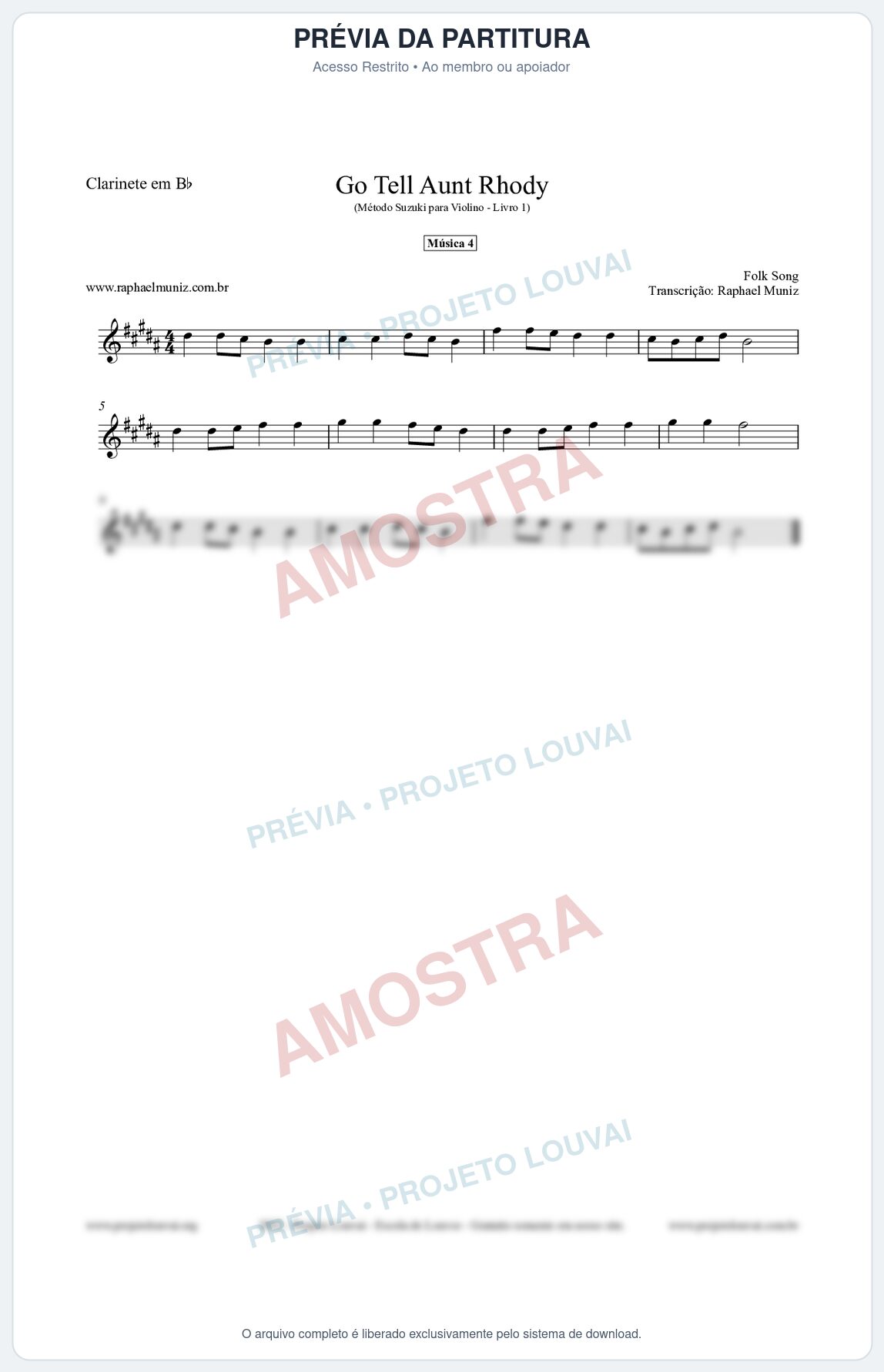 Prévia protegida da primeira página da partitura Partitura para Clarinete em Bb - Go Tell Aunt Rhody - Música 4 - Método Suzuki para Violino Vol.1