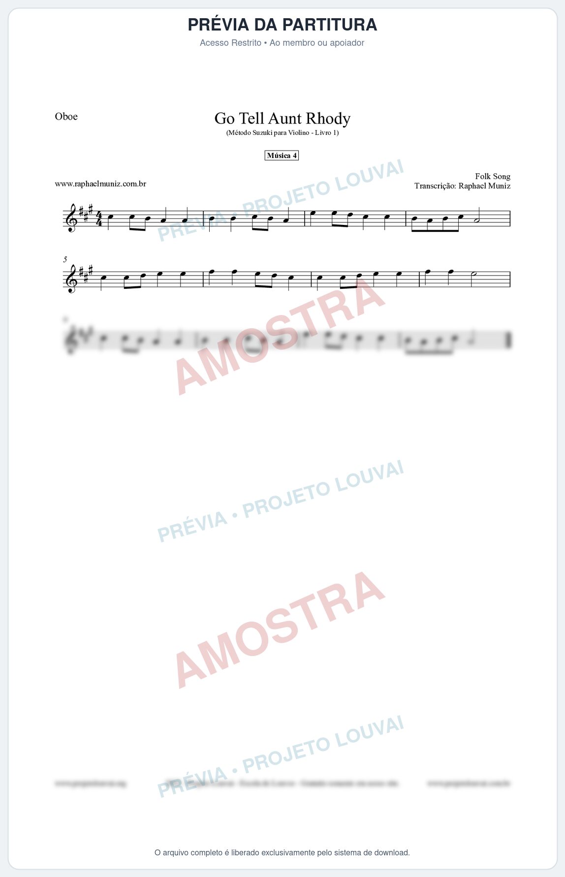 Prévia protegida da primeira página da partitura Partitura para Oboé - Go Tell Aunt Rhody - Música 4 - Método Suzuki para Violino Vol.1