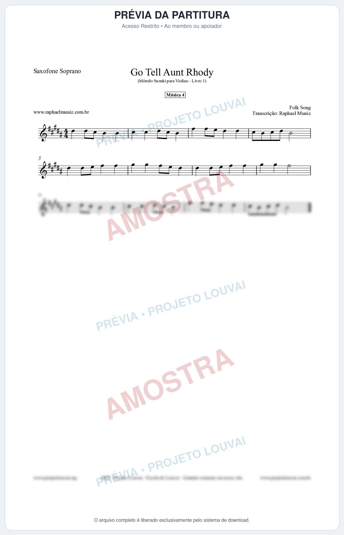 Prévia protegida da primeira página da partitura Partitura para Saxofone Soprano - Go Tell Aunt Rhody - Música 4 - Método Suzuki para Violino Vol.1