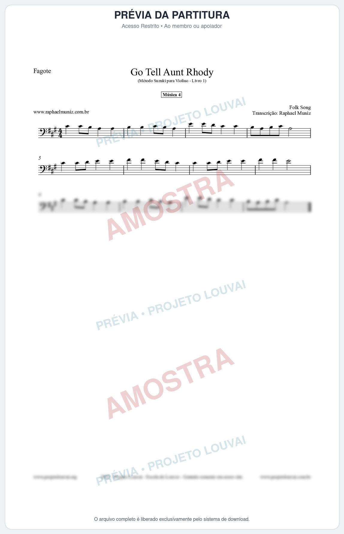Prévia protegida da primeira página da partitura Partitura para Fagote - Go Tell Aunt Rhody - Música 4 - Método Suzuki para Violino Vol.1