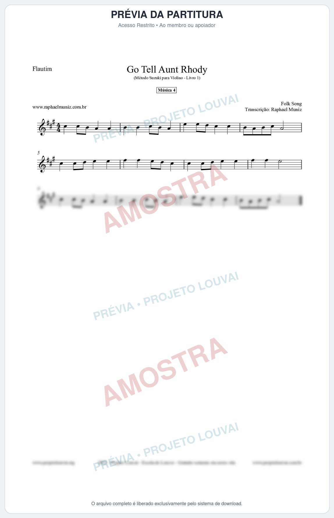 Prévia protegida da primeira página da partitura Partitura para Flautim - Go Tell Aunt Rhody - Música 4 - Método Suzuki para Violino Vol.1