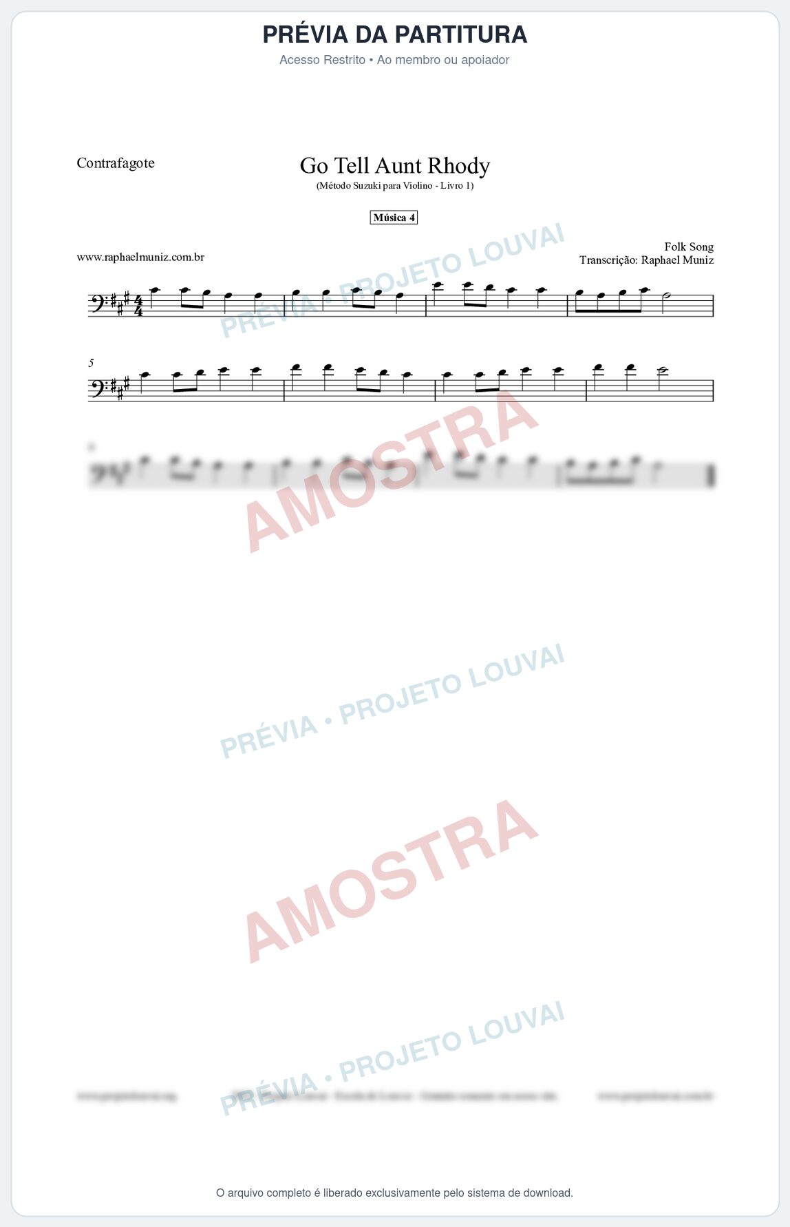Prévia protegida da primeira página da partitura Partitura para Contrafagote - Go Tell Aunt Rhody - Música 4 - Método Suzuki para Violino Vol.1