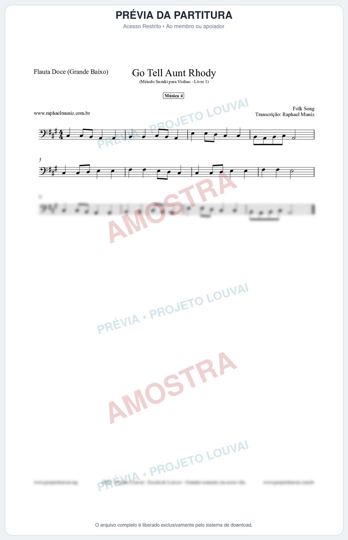 Prévia protegida da primeira página da partitura Partitura para Flauta Doce (Grande Baixo) - Go Tell Aunt Rhody - Música 4 - Método Suzuki para Violino Vol.1