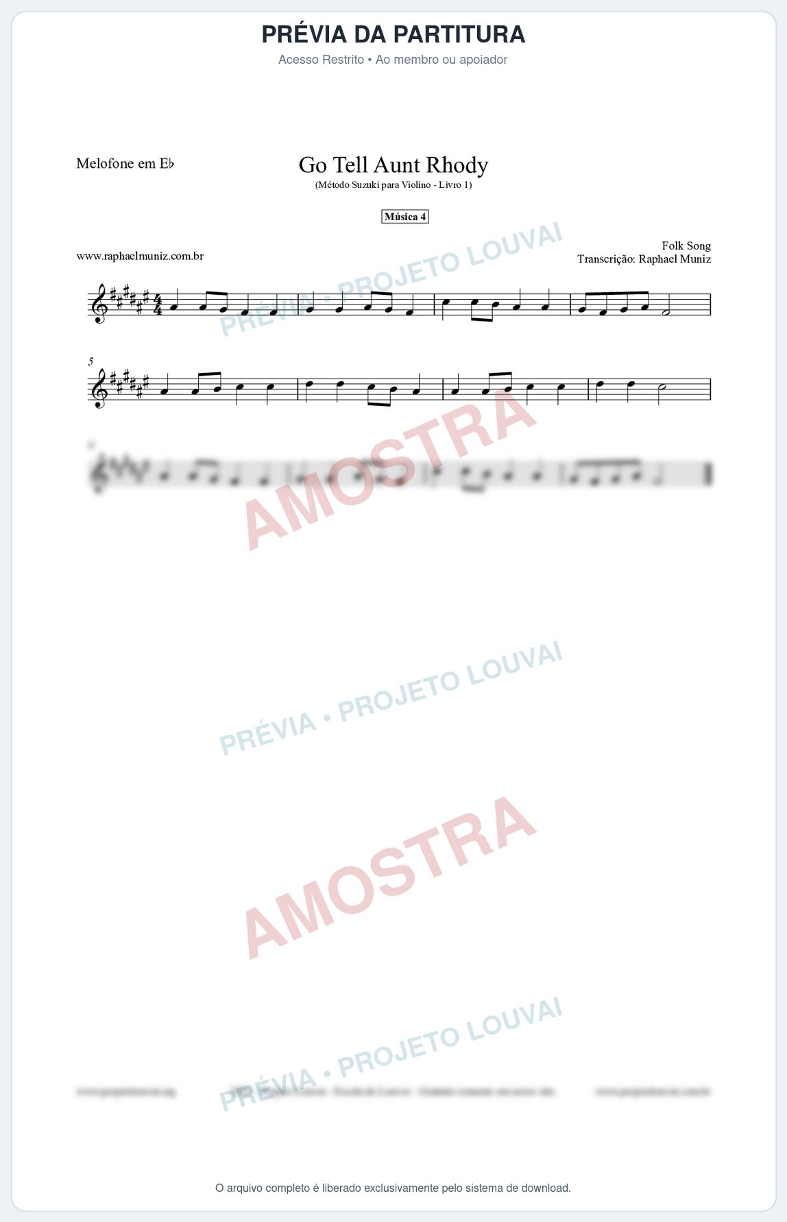 Prévia protegida da primeira página da partitura Partitura para Melofone em Eb - Go Tell Aunt Rhody - Música 4 - Método Suzuki para Violino Vol.1