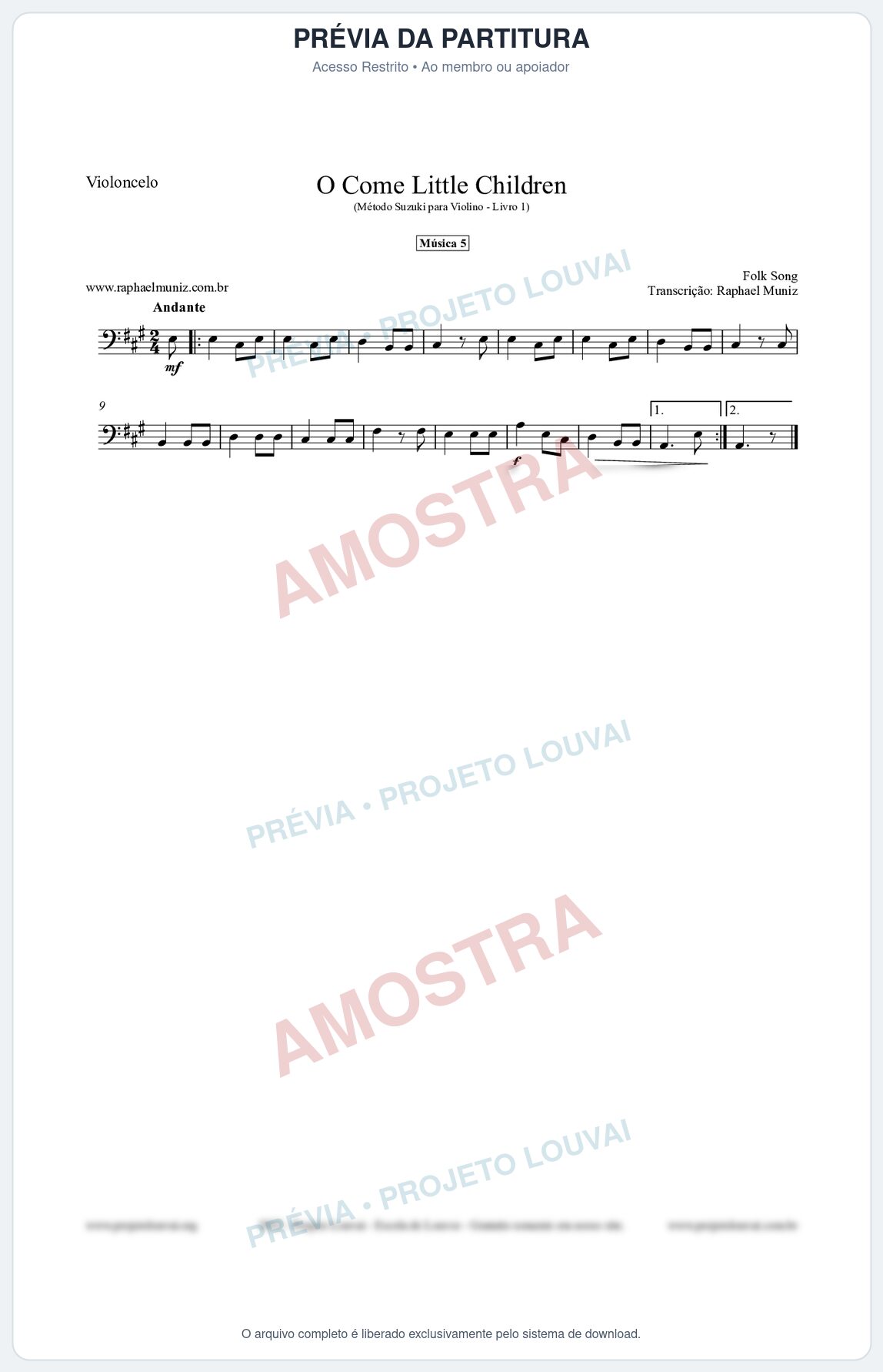Prévia protegida da primeira página da partitura Partitura para Violoncelo - O Come Little Children - Música 5 - Método Suzuki para Violino Vol.1