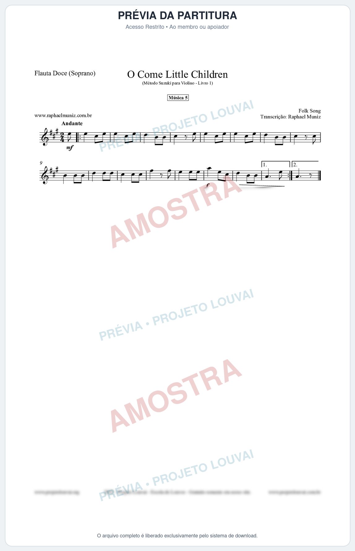Prévia protegida da primeira página da partitura Partitura para Flauta Doce (Soprano) - O Come Little Children - Música 5 - Método Suzuki para Violino Vol.1
