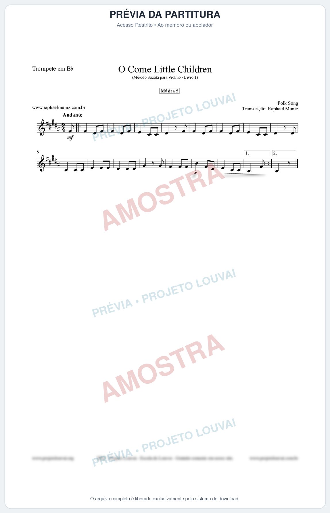 Prévia protegida da primeira página da partitura Partitura para Trompete em Bb - O Come Little Children - Música 5 - Método Suzuki para Violino Vol.1