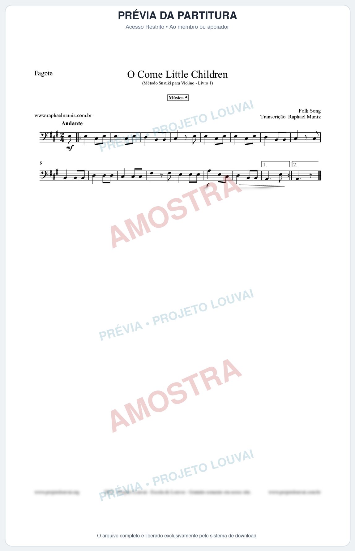 Prévia protegida da primeira página da partitura Partitura para Fagote - O Come Little Children - Música 5 - Método Suzuki para Violino Vol.1