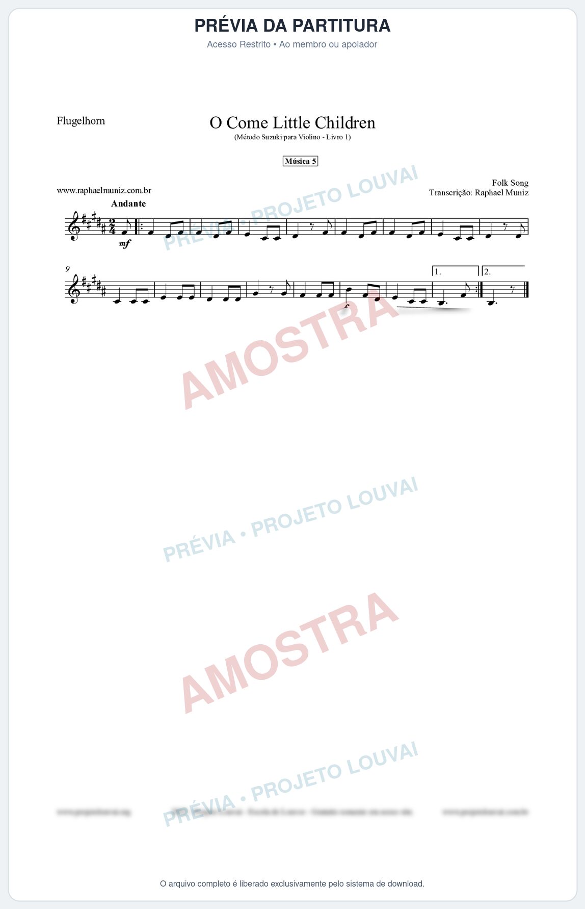 Prévia protegida da primeira página da partitura Partitura para Flugelhorn - O Come Little Children - Música 5 - Método Suzuki para Violino Vol.1
