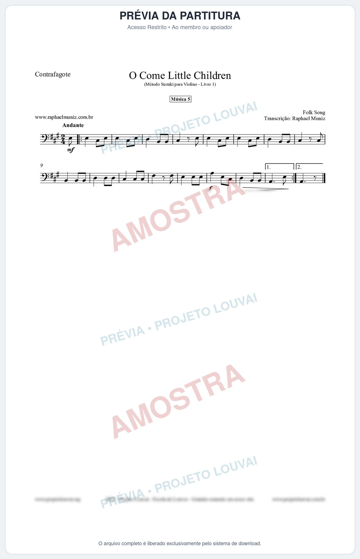 Prévia protegida da primeira página da partitura Partitura para Contrafagote - O Come Little Children - Música 5 - Método Suzuki para Violino Vol.1