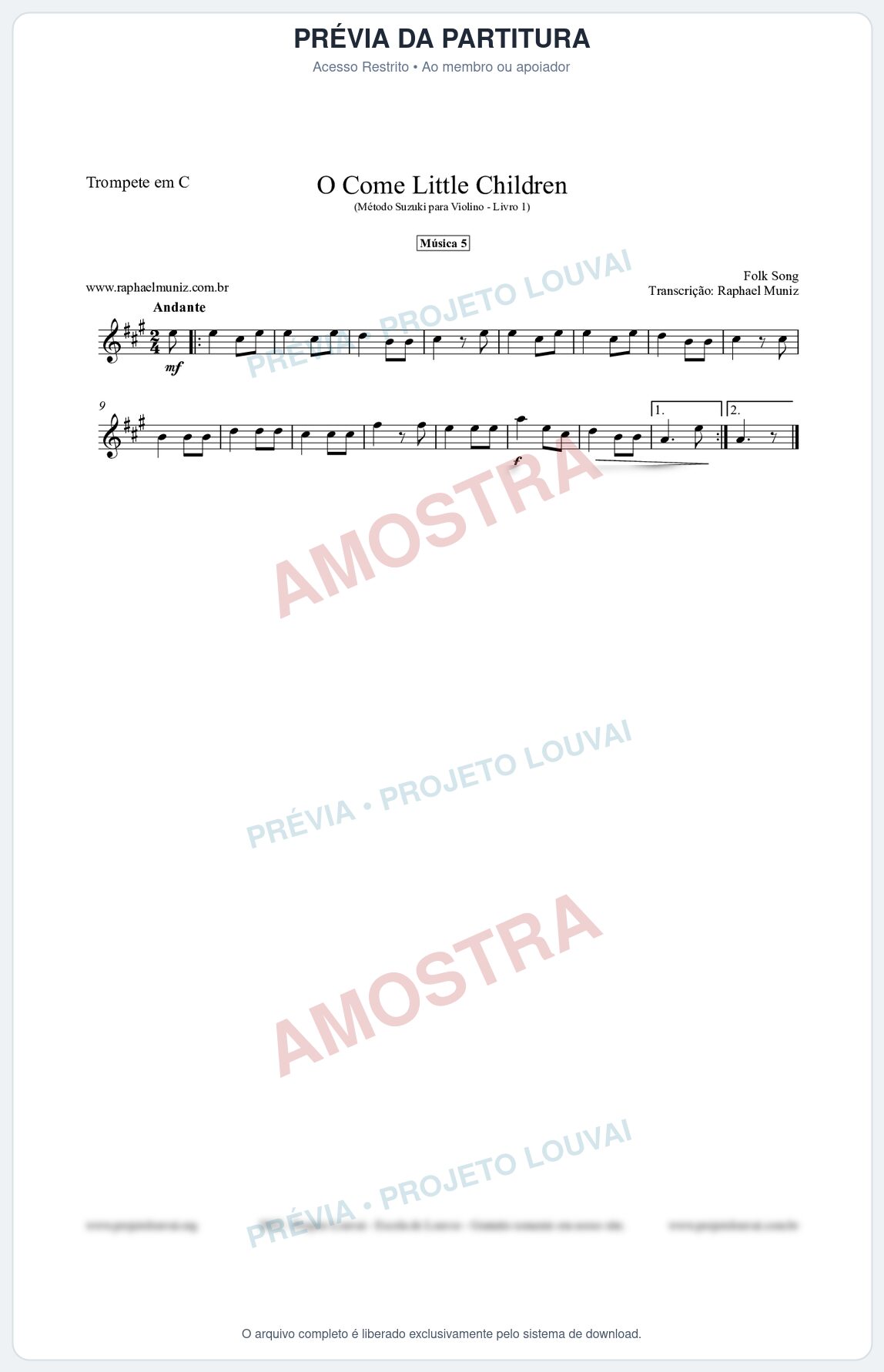 Prévia protegida da primeira página da partitura Partitura para Trompete em C - O Come Little Children - Música 5 - Método Suzuki para Violino Vol.1