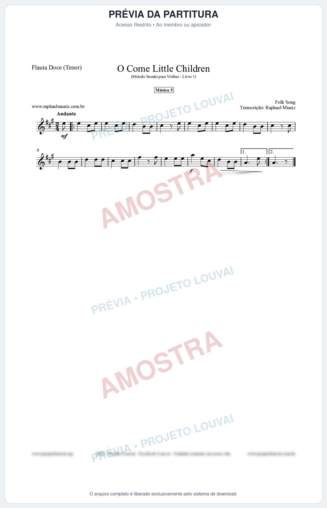 Prévia protegida da primeira página da partitura Partitura para Flauta Doce (Tenor) - O Come Little Children - Música 5 - Método Suzuki para Violino Vol.1