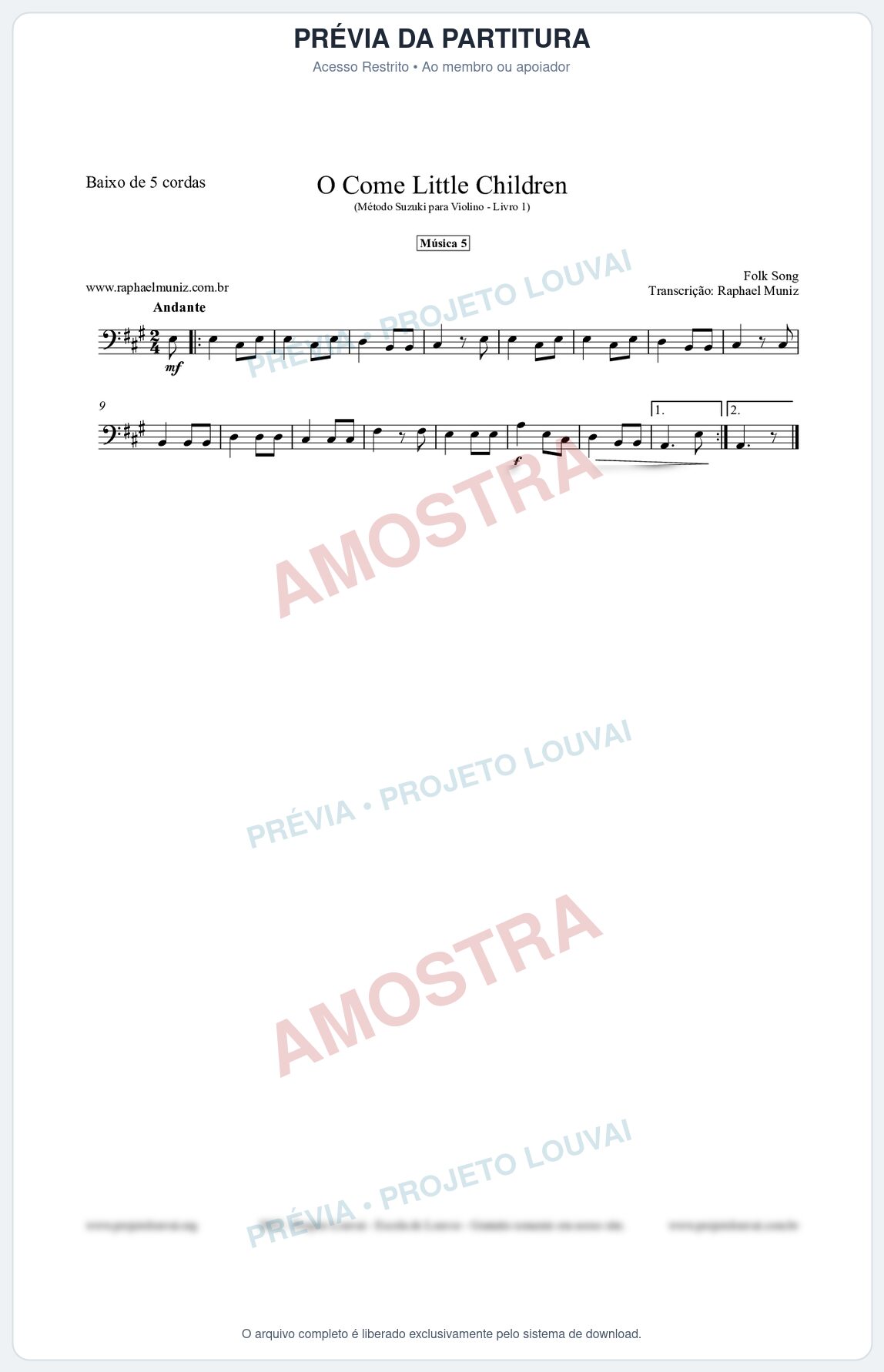 Prévia protegida da primeira página da partitura Partitura para Baixo de 5 cordas - O Come Little Children - Música 5 - Método Suzuki para Violino Vol.1