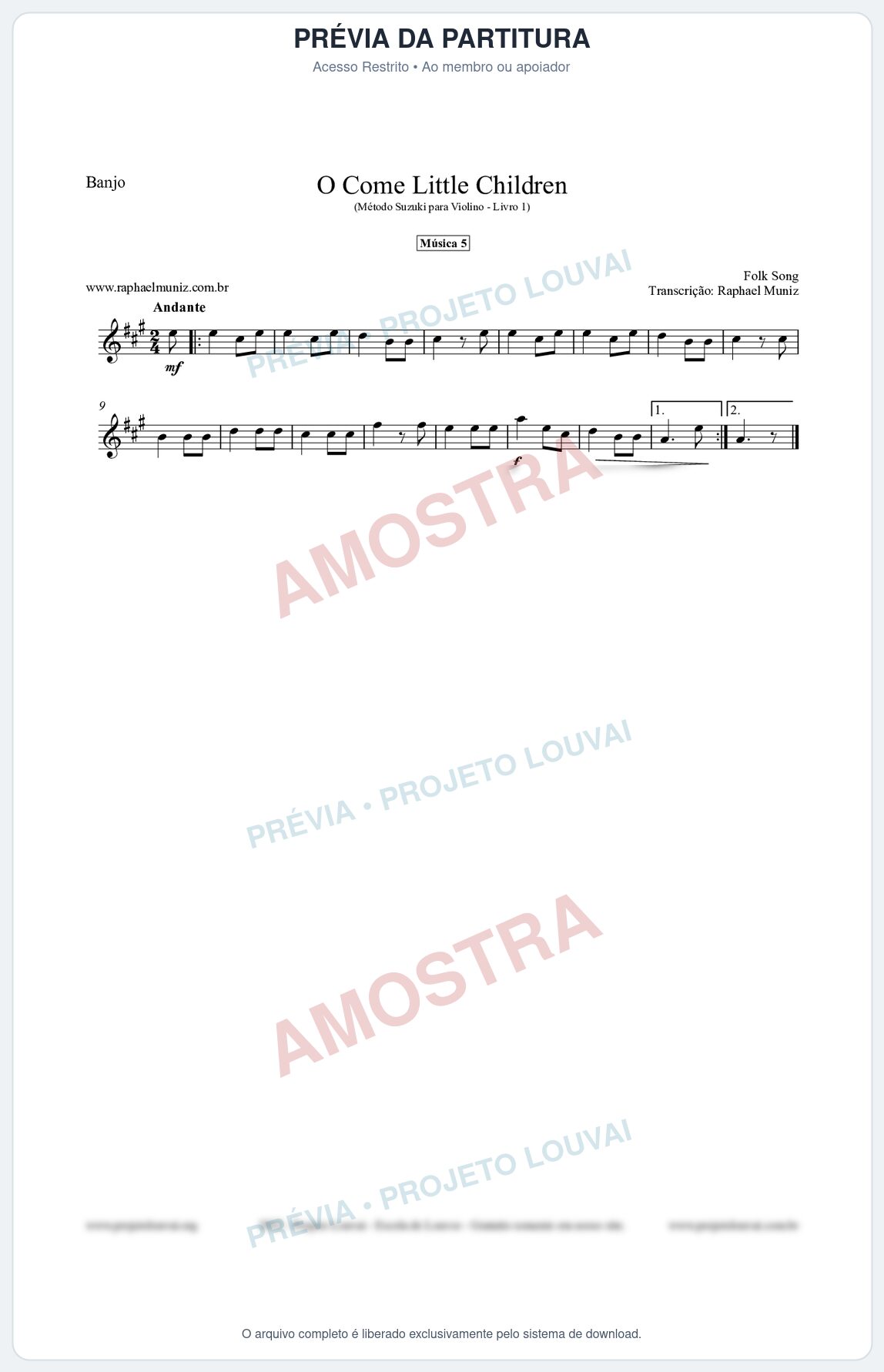 Prévia protegida da primeira página da partitura Partitura para Banjo - O Come Little Children - Música 5 - Método Suzuki para Violino Vol.1