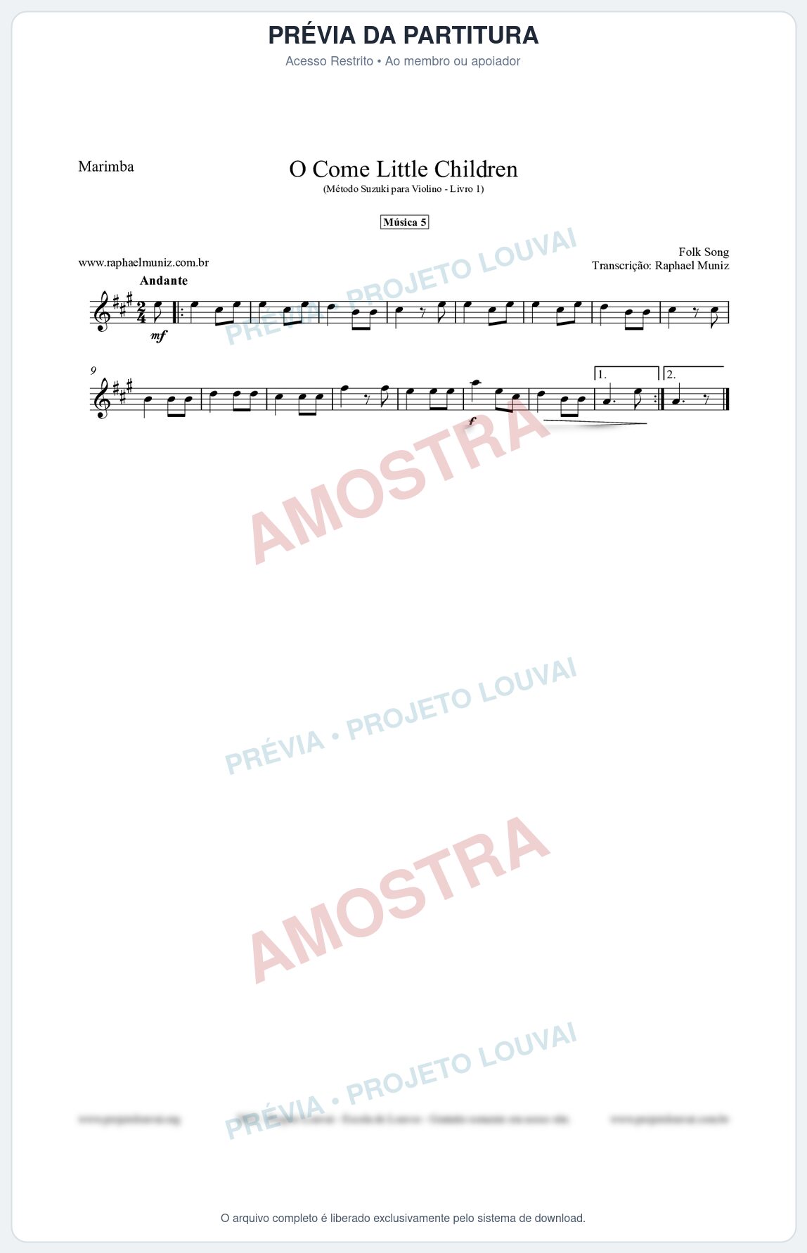 Prévia protegida da primeira página da partitura Partitura para Marimba - O Come Little Children - Música 5 - Método Suzuki para Violino Vol.1
