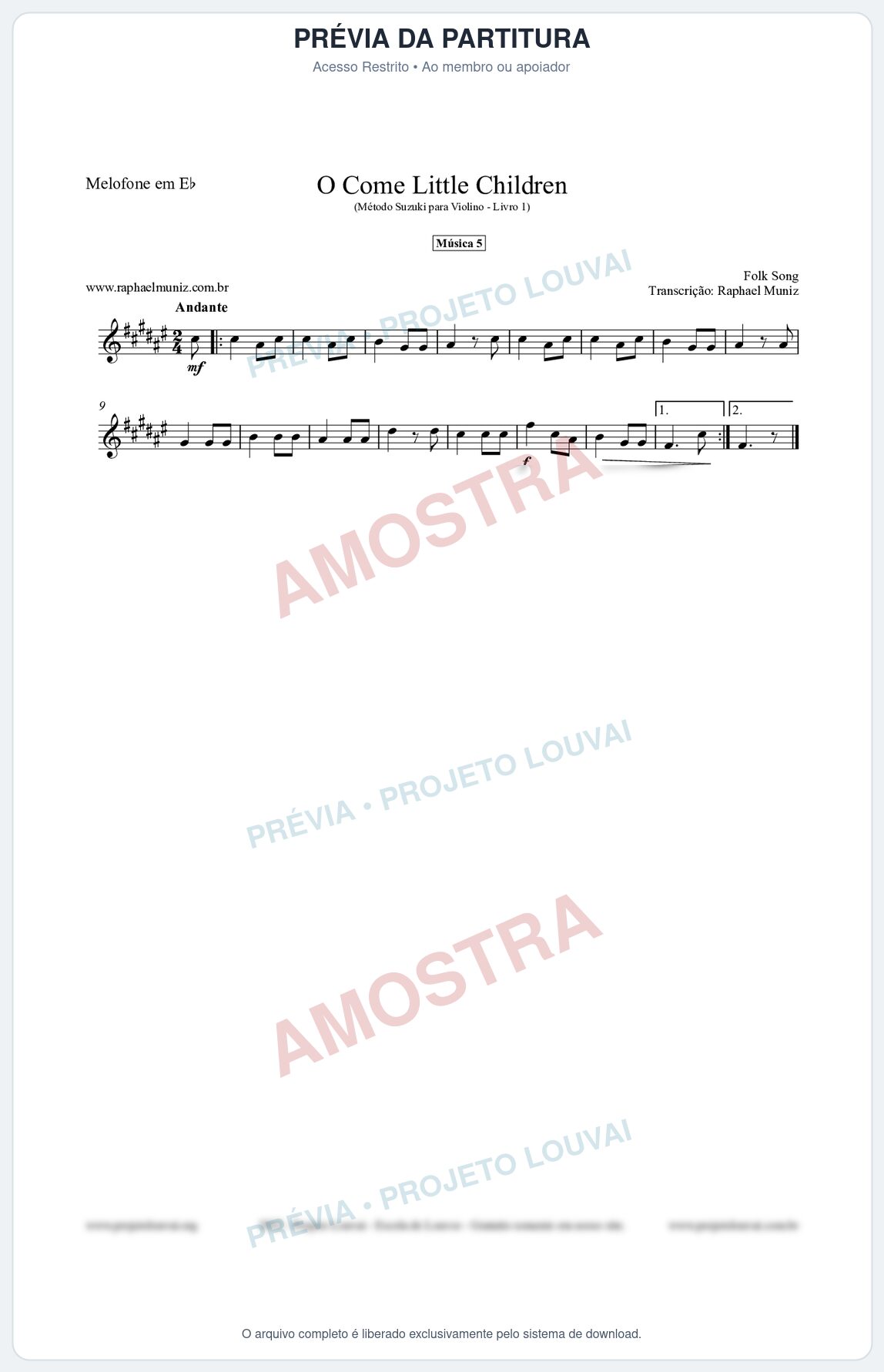 Prévia protegida da primeira página da partitura Partitura para Melofone em Eb - O Come Little Children - Música 5 - Método Suzuki para Violino Vol.1
