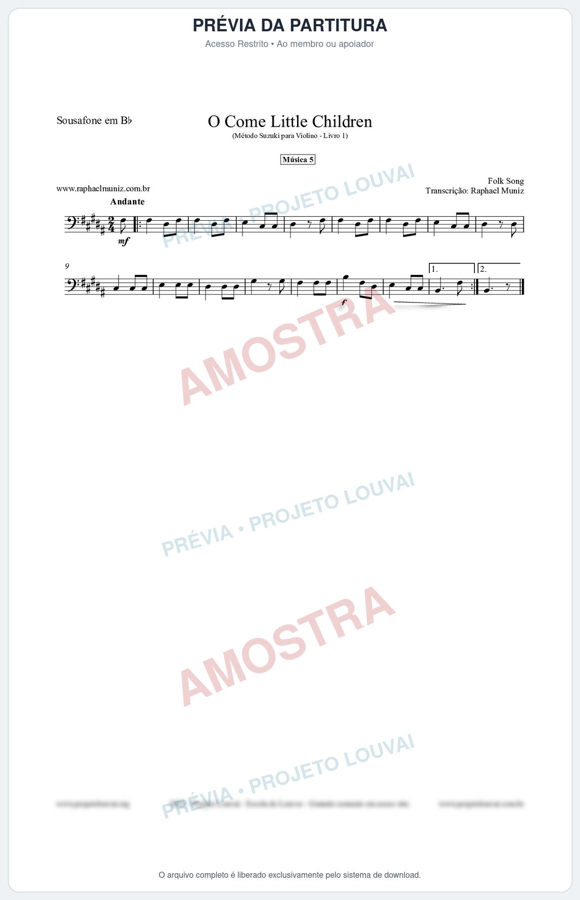 Prévia protegida da primeira página da partitura Partitura para Sousafone em Bb - O Come Little Children - Música 5 - Método Suzuki para Violino Vol.1