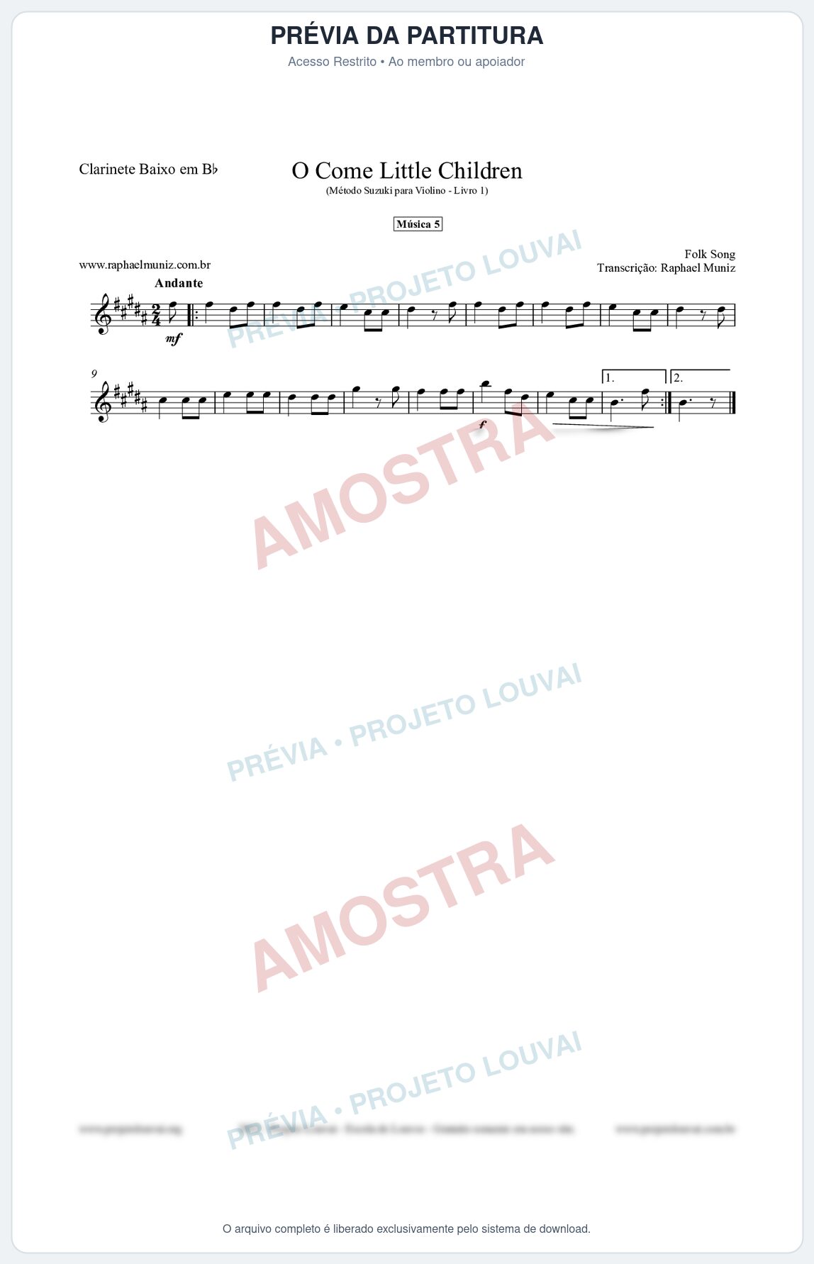 Prévia protegida da primeira página da partitura Partitura para Clarinete Baixo em Bb - O Come Little Children - Música 5 - Método Suzuki para Violino Vol.1