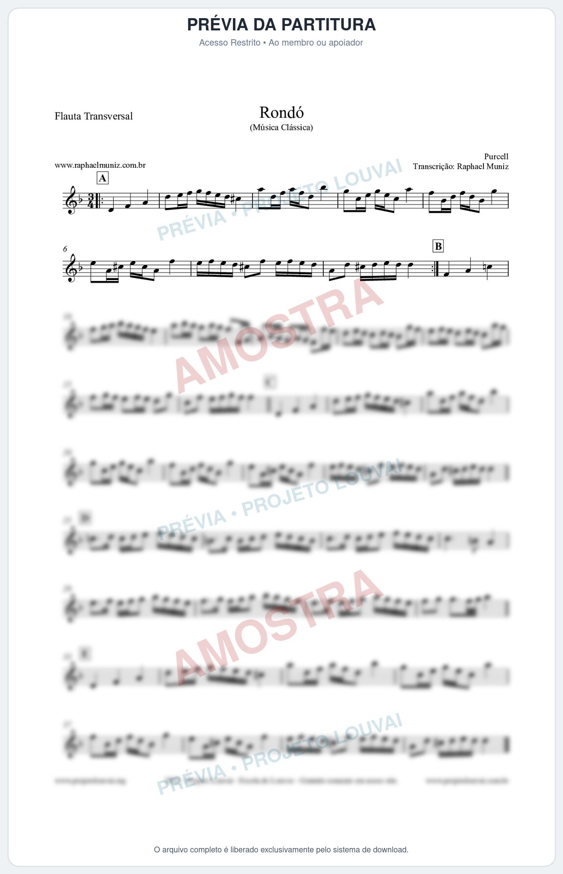 Prévia protegida da primeira página da partitura Partitura para Flauta Transversal - Rondó em Ré menor - Purcell - Músicas Eruditas
